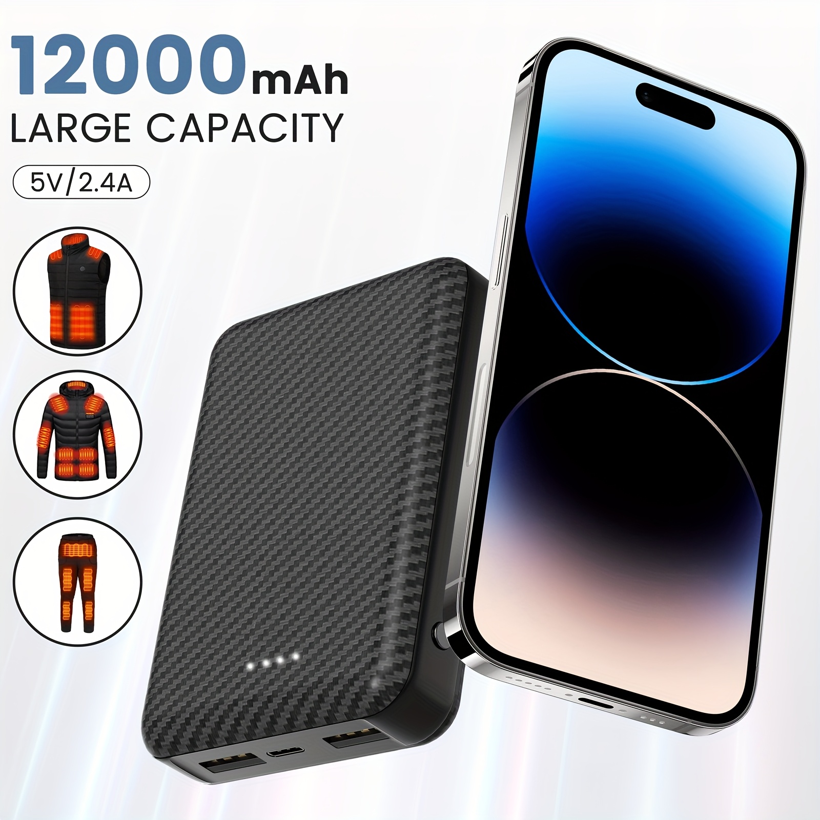 5v/2.4a Power Bank, Rechargeable Battery Pack For Heated Vest, Jackets, Pants And Seat Cushion Cover, Usb-c 12000mah Portable Charger With 3 Output Port For Smartphones, Tablets And More