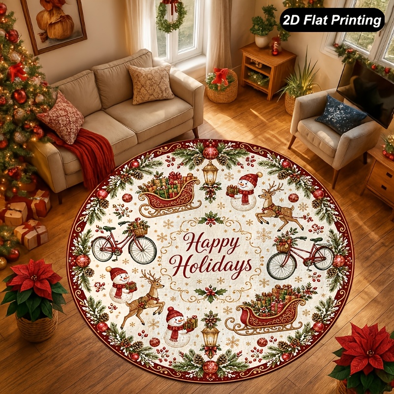 item picture 1pc 2d flat round rug sleigh deer holiday doormat lightweight circular rug for bedroom living room kitchen entryway safe home flooring rugs for xmas living room home decor christmas decoration