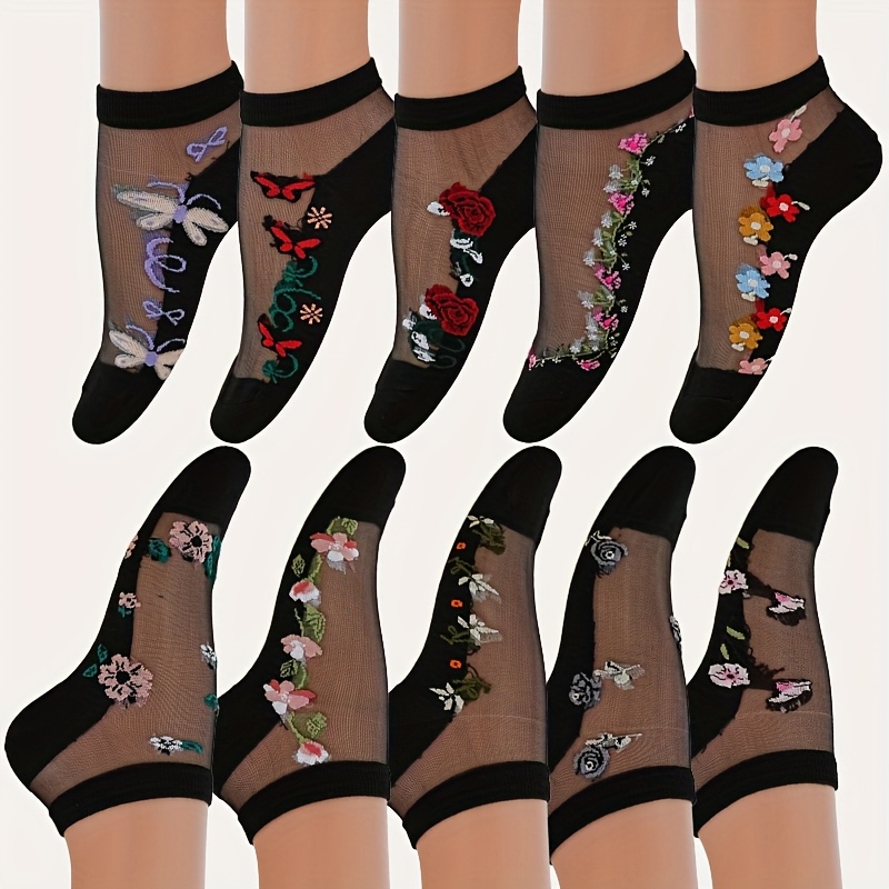 Image of 10-pair Women's Fashion Short Socks For Spring, Summer, And Autumn, Black Glass Jacquard Short Socks, Lightweight, Comfortable, Breathable, And Non-slip
