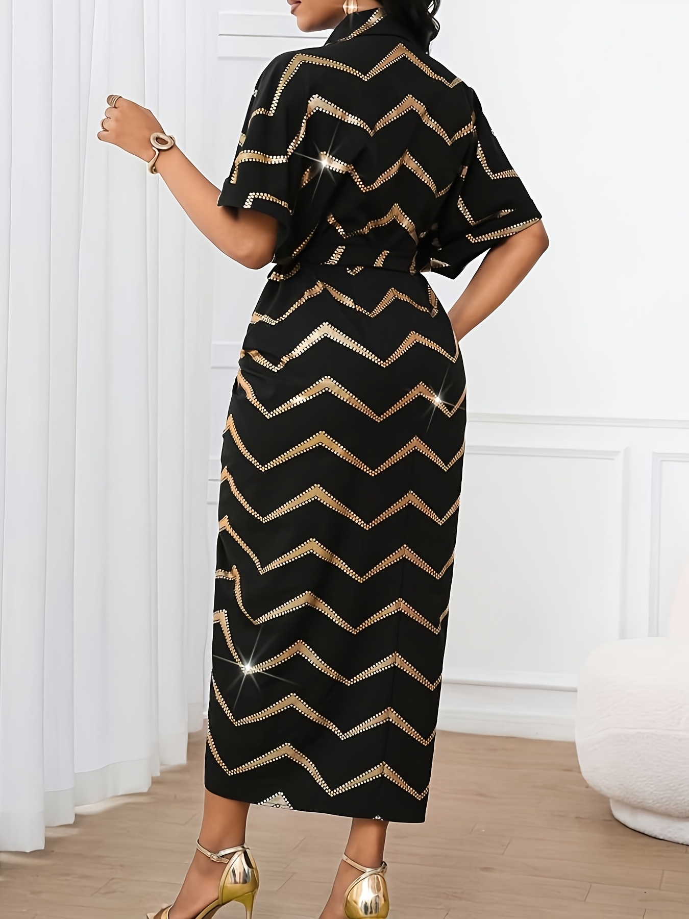 plus size plus size black gold wavy patterned fitted