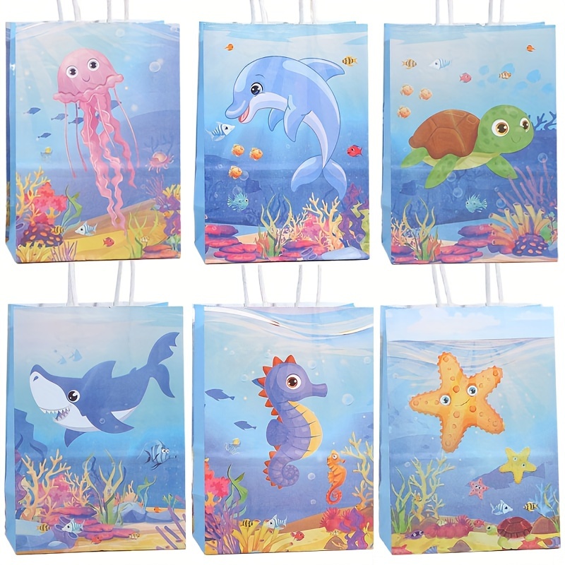 

12pcs Ocean Theme Party Favor Bags, Cartoon Sea Animal Printed Paper Tote Gift Bags For Birthday, Shopping, Beach Parties, Assorted Marine Life Designs, Multi-use Celebration Goodie Bags