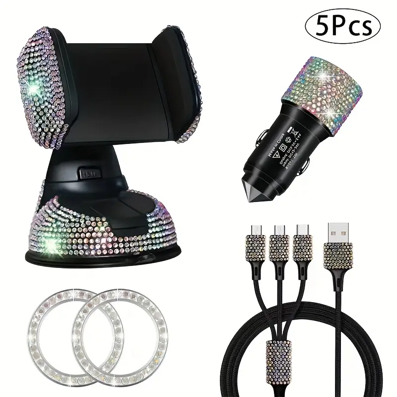 5pcs accessory set sparkling charging phone holder usb car charger ignition button trim ring suction mount materials handcrafted real photos high end gift for him her Product details 5