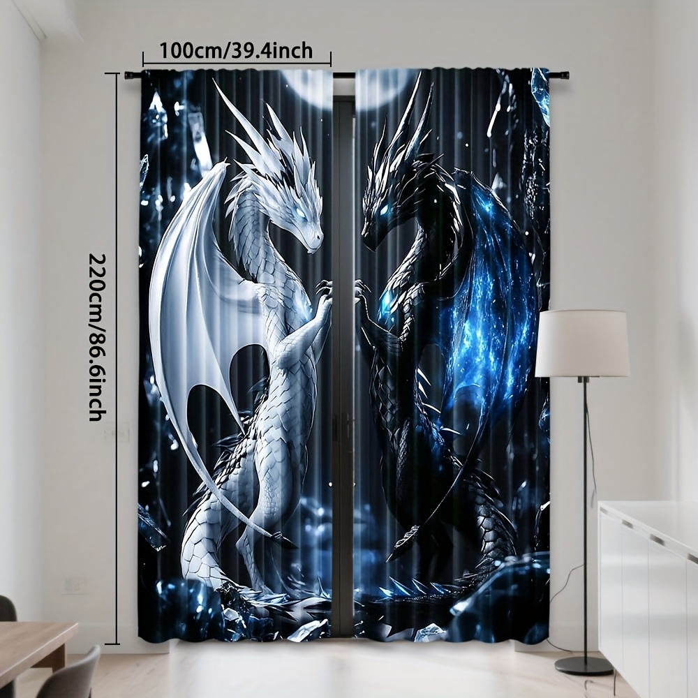 TEMU 2pcs Fantasy Dragons Yin Yang Art Print Polyester Curtains, Rod , Light Filtering, Contemporary Style, Machine Washable, For Bedroom Living Room