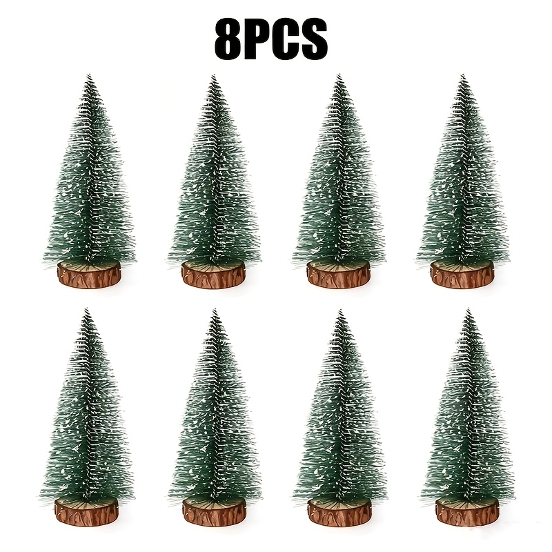 TEMU 8pcs 10cm/3.93-inch Artificial Christmas Trees - Sword Fern Snow Scene Trees With Wooden Base, 7 Sizes , Suitable For Holiday Decorations,