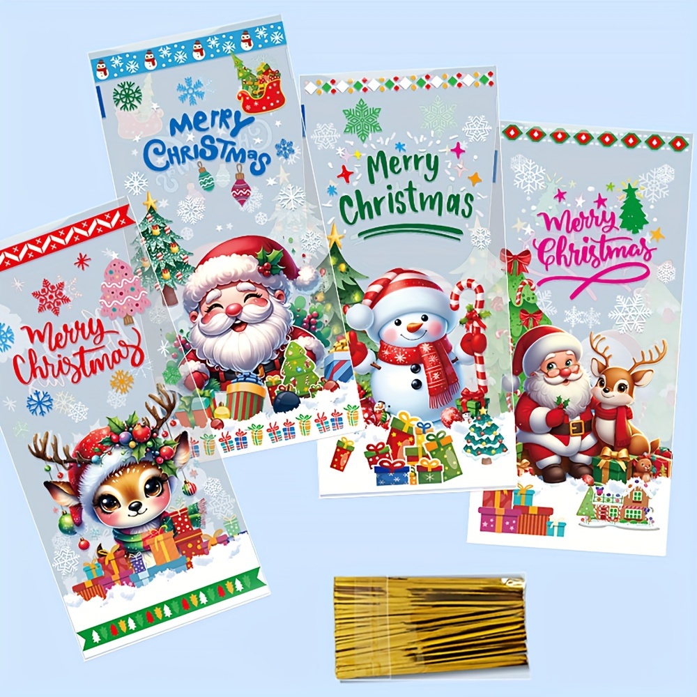 Image of 50pcs Christmas Cartoon Themed Gift Bags With Twist Ties - Perfect For Holiday Parties & Festive Decorations