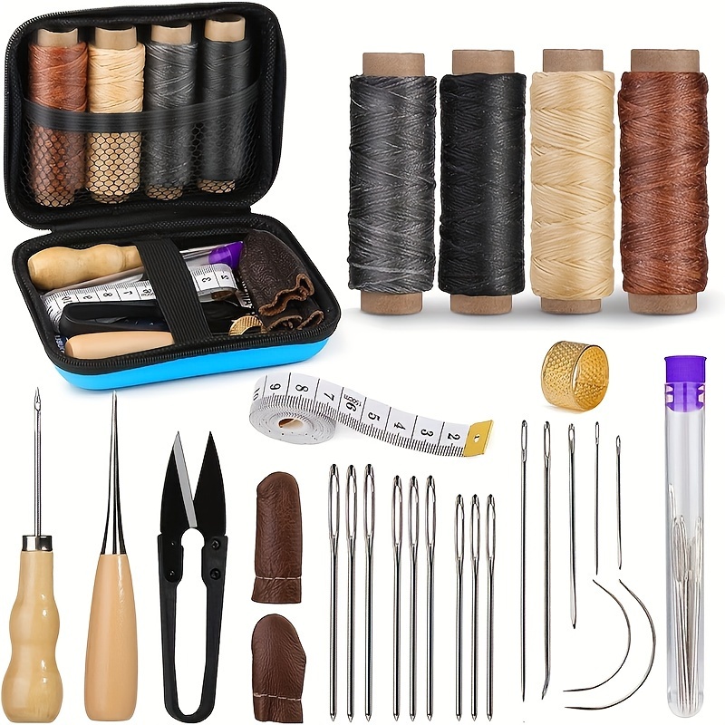Image of Set Of Leather Sewing Kits - Leather Making And Repair Essentials For Handicrafts, Upholstery And Diy Projects - Including Sewing Needles, Wax Threads, And Tools For Leather
