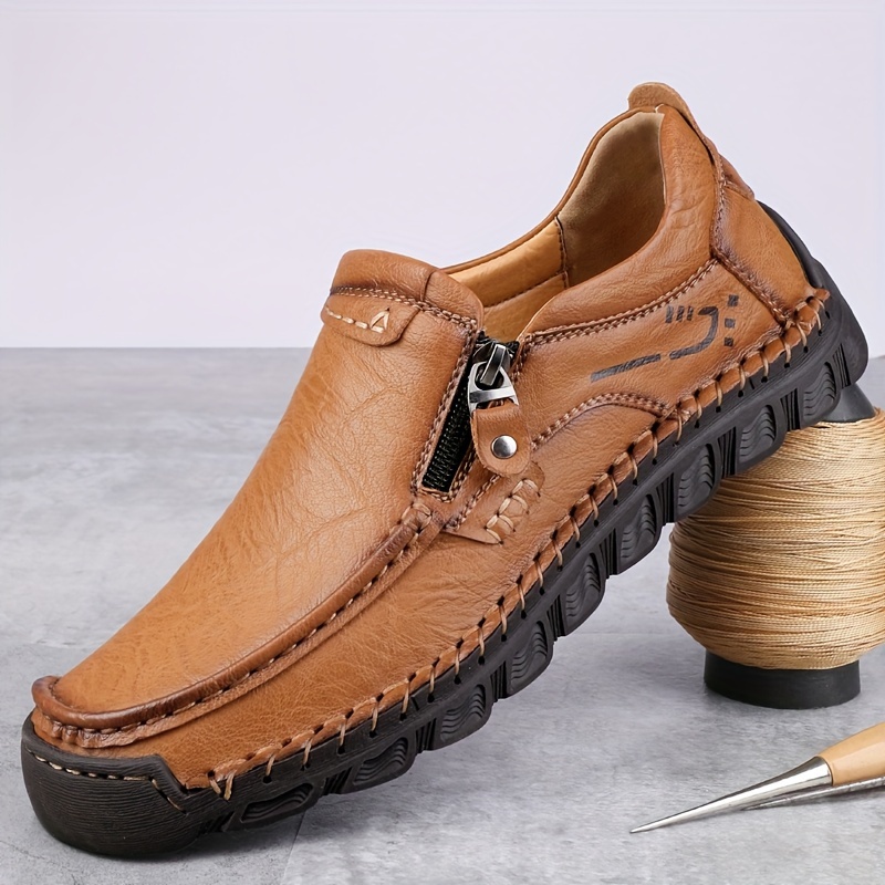 

Men's Casual Loafer Shoes With Side Zipper, Handcrafted Solid Color, Comfort, Business & , Round Toe, Fabric Insole, , Synthetic Leather Upper &