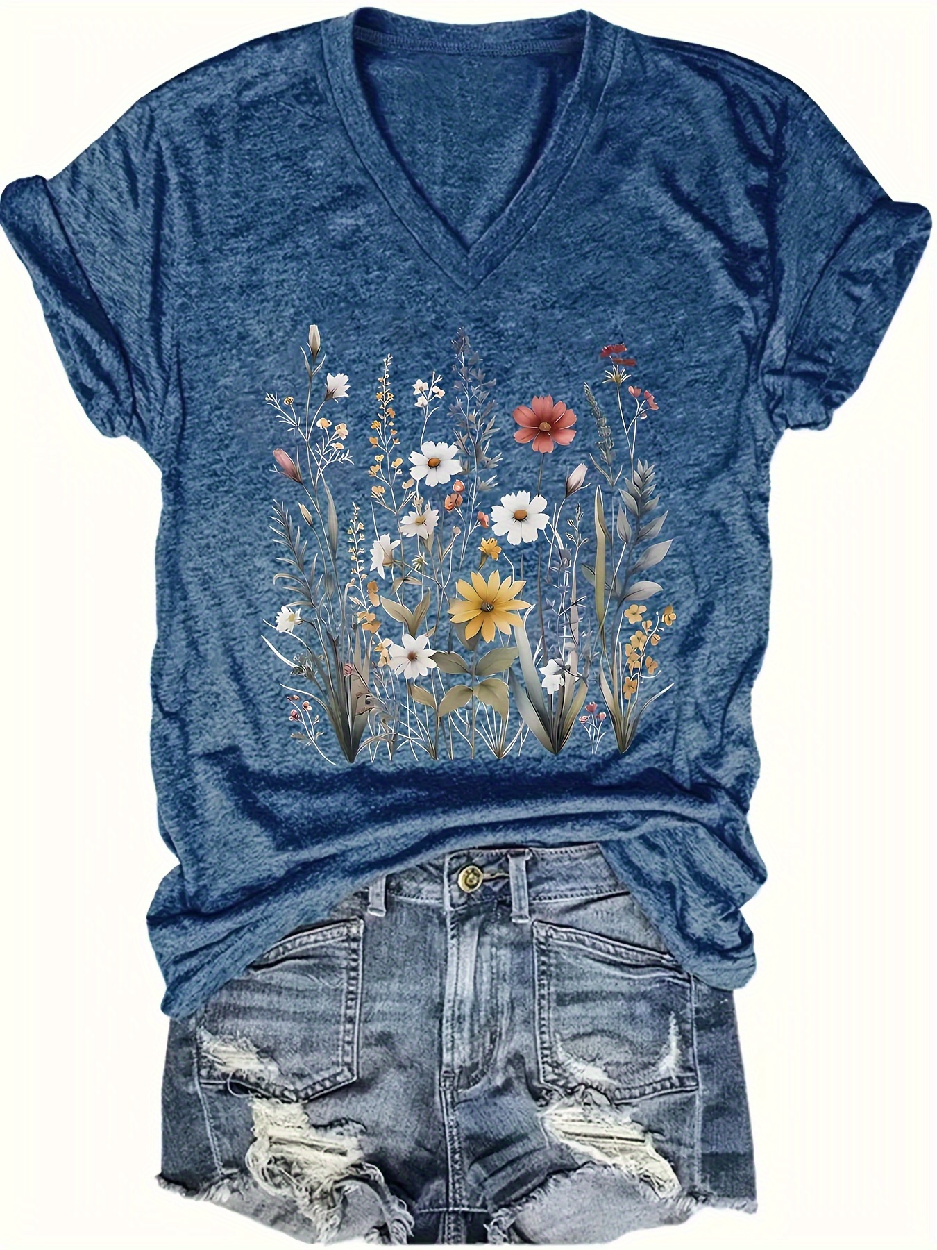 2024 Cross-border European and American Women's V-Neck Loose Casual Short Sleeve Top Layering T-Shirt