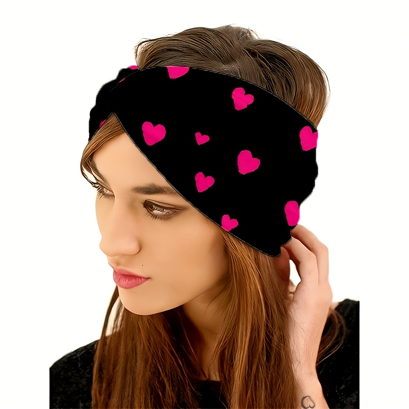 TEMU 2d Flat Black Headband With Pink Heart Pattern, For Yoga / Gym / Running, Suitable For Outdoor Sports And , Warm And Versatile / Sweat-absorbent