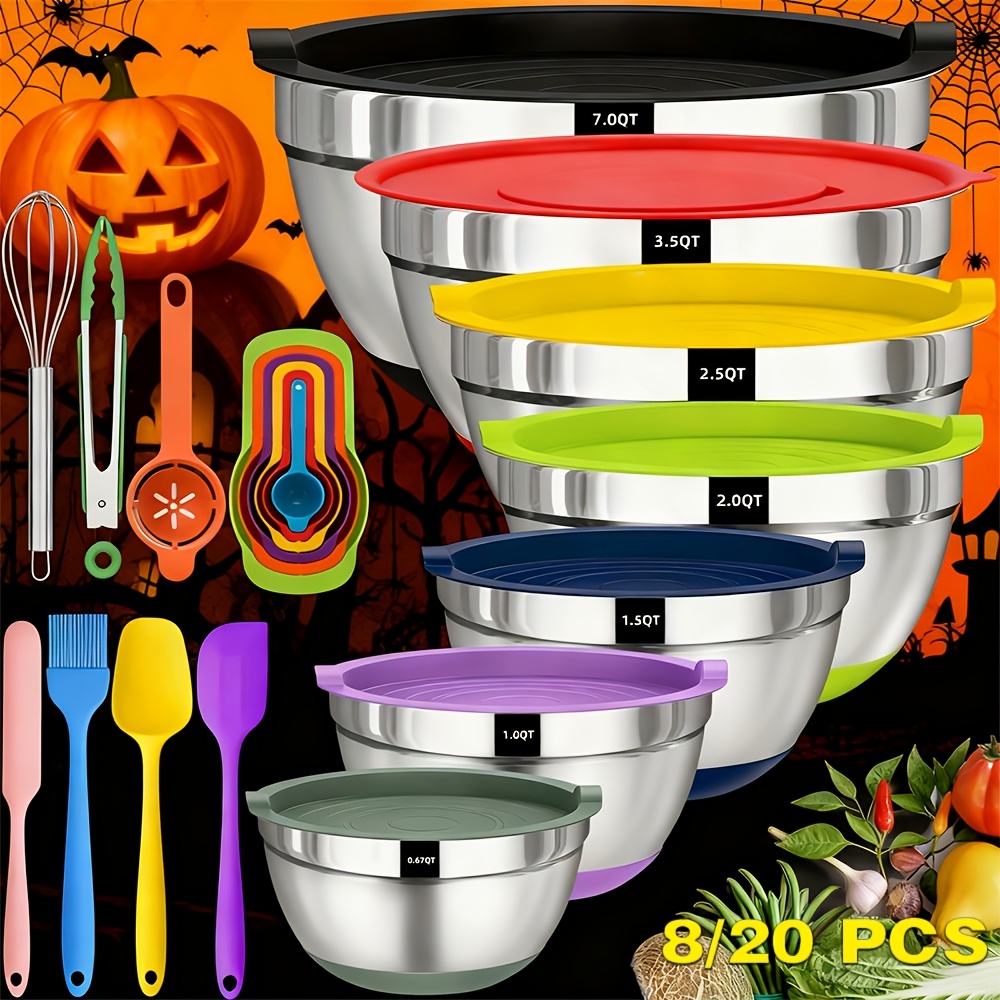 8 20pcs heavy duty stainless steel mixing bowls set with airtight lids 201 rust resistant nesting bowls 7 3 5 2 5 2 1 5 1 0 67qt non slip silicone base   lids polish for baking serving large bowl