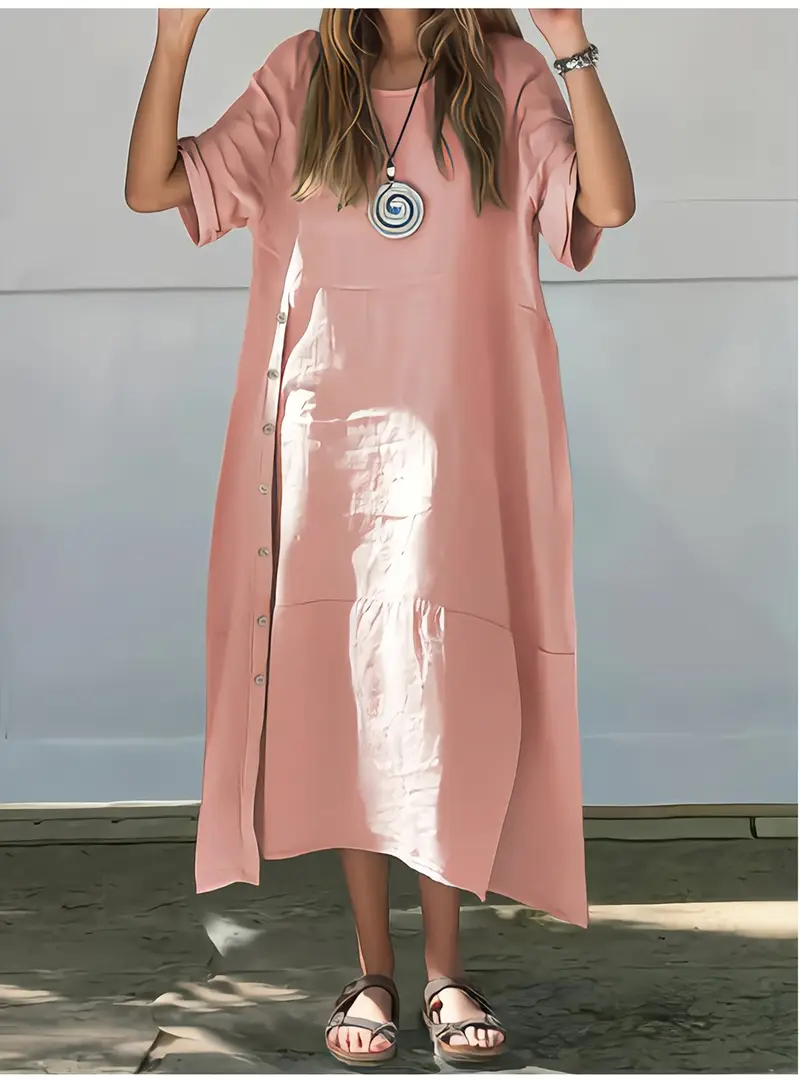 γυναικείο καθημερινό φόρεμα α-γραμμής με κουμπιά και σπασίματα στο πλάι - ζωηρό κίτρινο, χαλαρή εφαρμογή με στρογγυλή λαιμόκοψη για άνοιξη/καλοκαίρι, κομψό ρούχο που πλένεται στο πλυντήριο, κλασική σιλουέτα, αναπνεύσιμο υλικό, χαλαρός στυλ Στοιχεία είδους 6