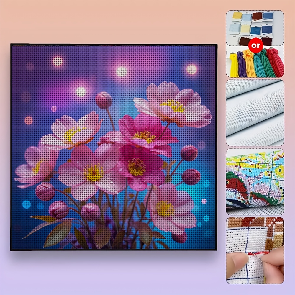 DIY Cross-Stitch Printed Kit with Dreamy Pink Flowers