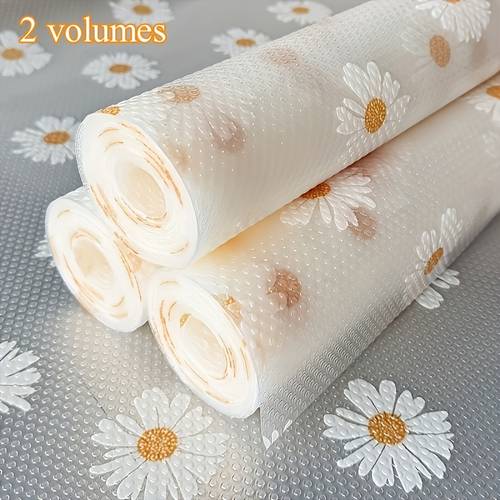 2 rolls daisy pattern non slip drawer fridge and desktop mats heavy duty eva easy to clean kitchen storage accessories with white daisies and yellow practical household items shelf liners