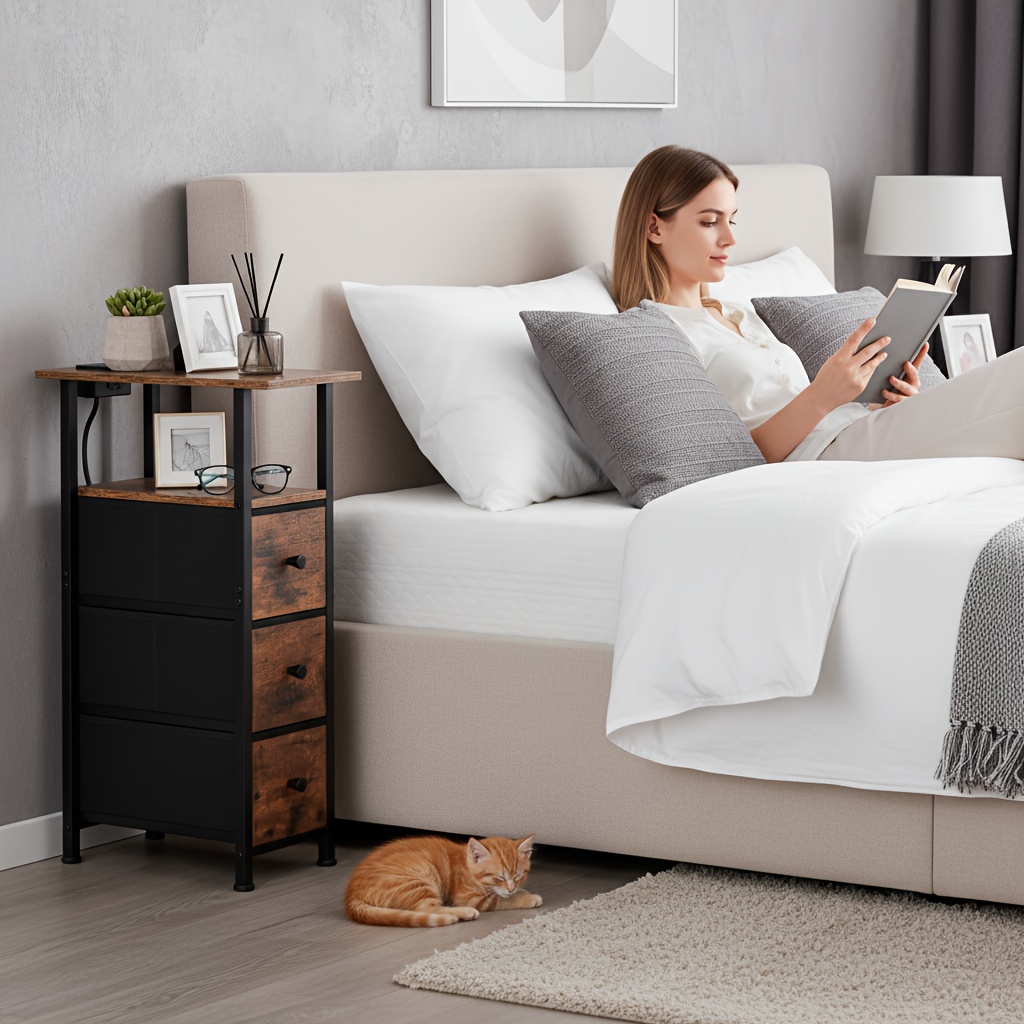 2-Pcs Bedside Table with Charging Station, Space-Saving Design