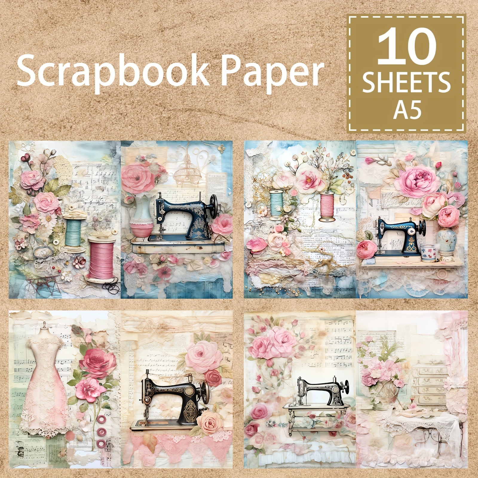 

10sheets A5 Size Sewing Machine Rose Clothes Words Background Material Decoration Diy Retro Journal Junk Journal Greeting Card Planner Scrapbook Background Card Pad