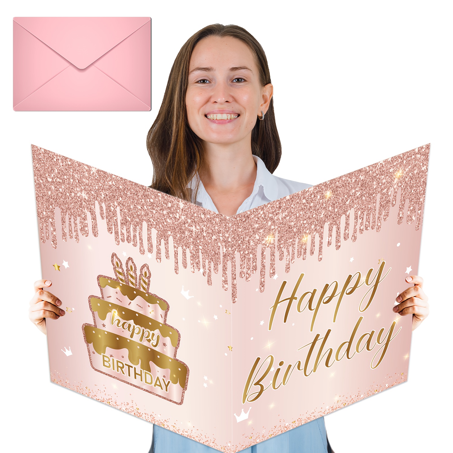 1pc pink birthday greeting card with envelope 22x14 inch oversized happy birthday message book for women men boss elegant glittery design with golden lettering ideal for birthday party decorations birthday party decoration