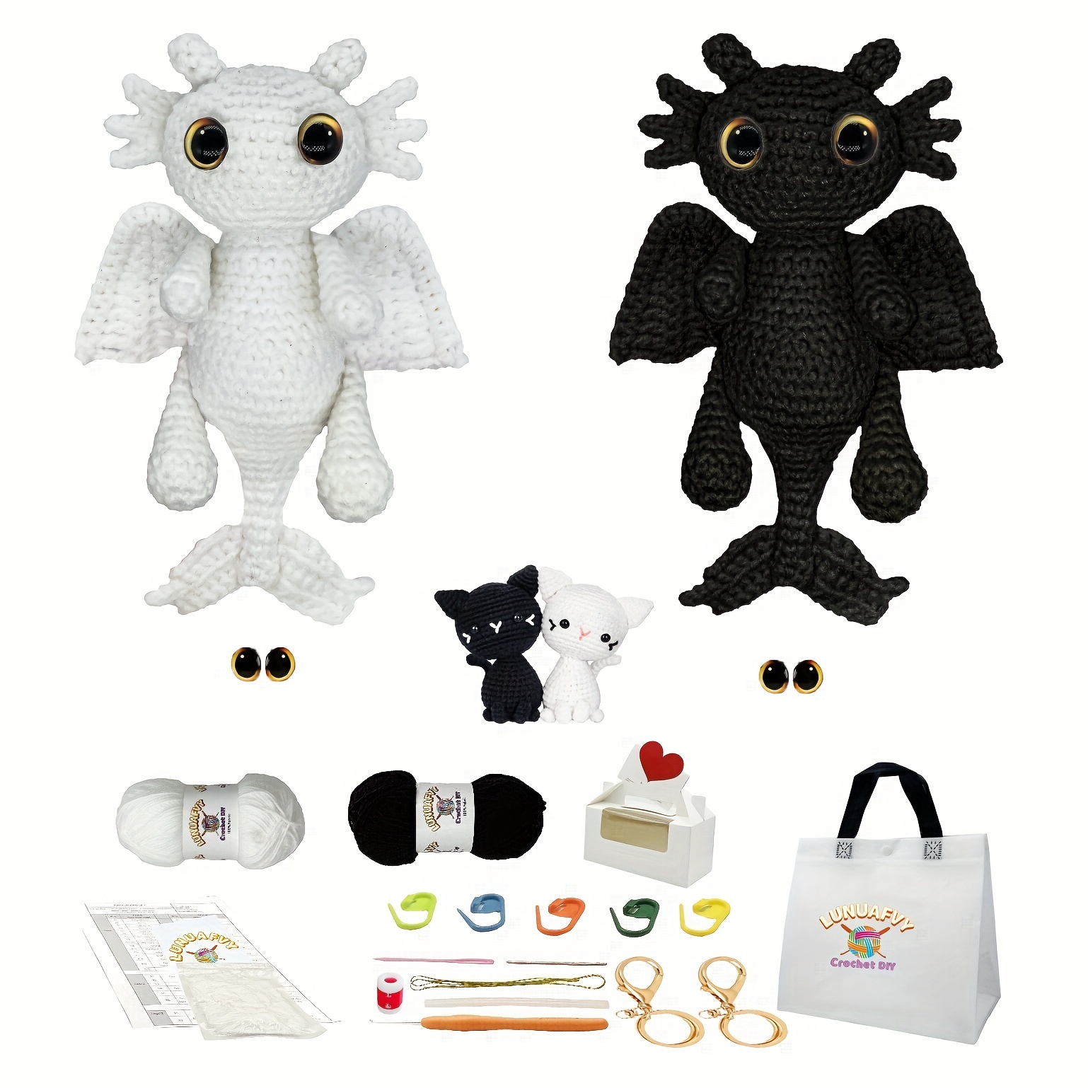 

Beginner Crochet Kit With Video Tutorials - Diy Amigurumi Animal Crafts, Includes Yarn & Accessories For Desk Decor, Perfect Gift Set For & Valentine's Day - Magical & Black Cat Couple (2pcs)