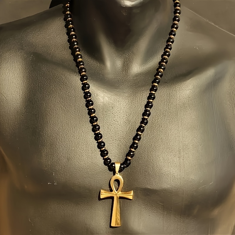 

Adjustable Ankh Natural Black Onyx Gemstone Beaded Macrame Necklace - Unique Protection Symbol Jewelry - Fashionable Gift For Him, Her, Mom, And Loved Ones