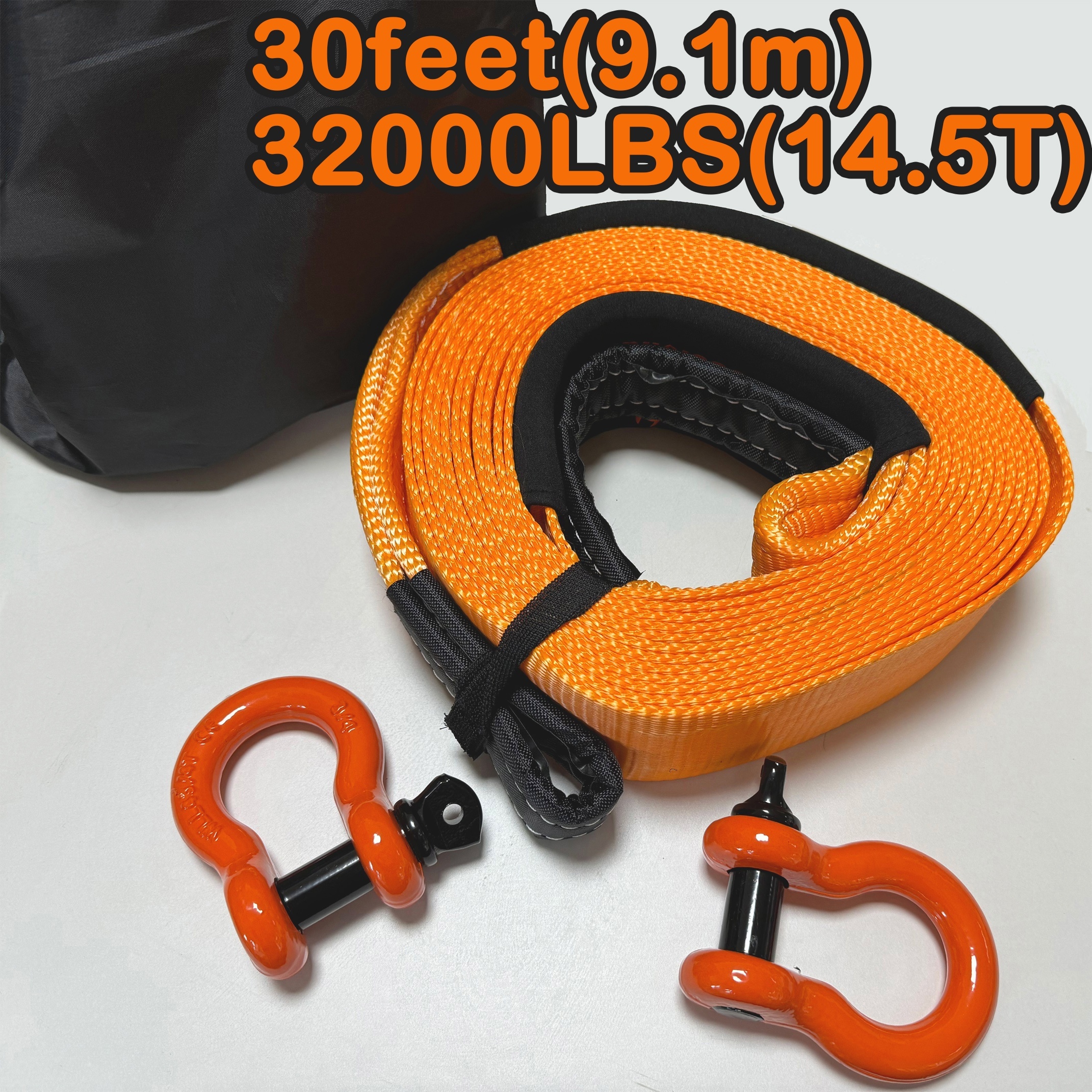 Nylon Tow Strap Heavy Duty w/ Hooks 3 x 30Ft 32,000LBS 2X 3/4 D Ring  Shackles
