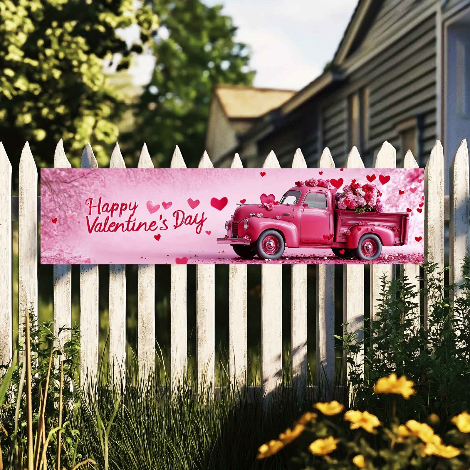 

Valentine's Day Outdoor Banner - 11.8x47in Heart & Truck Design, Anniversaries, Weddings, And Garden Decor, Flag, Fence Decoration