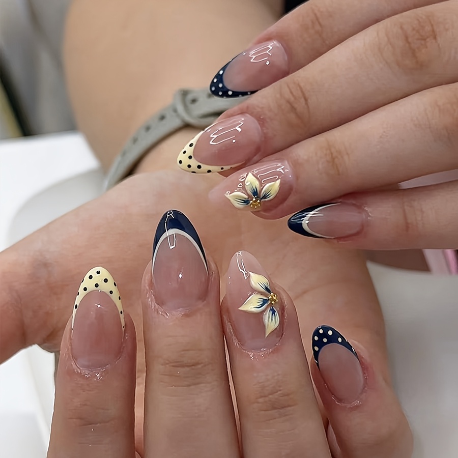 TEMU 24pcs Blue Polka Dot Petal-style Women'-on Nails, Artificial Rhinestone Glossy Craft, Easy And Fashionable, Includes Jelly Glue And Nail File,
