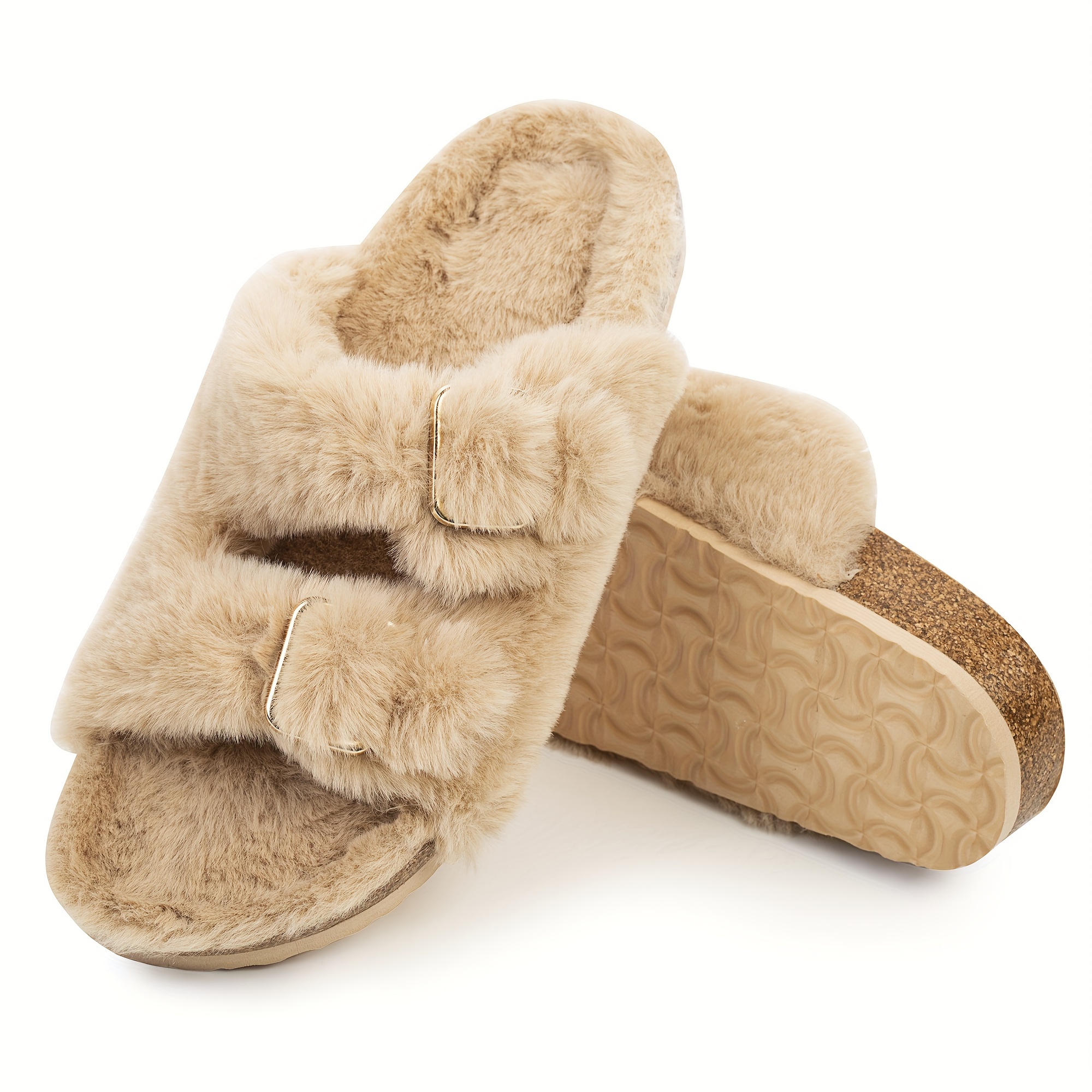 

Womens Open Toe Slipper With Cozy Lining, Faux Rabbit Fur Cork Slide Sandals Size 6-11
