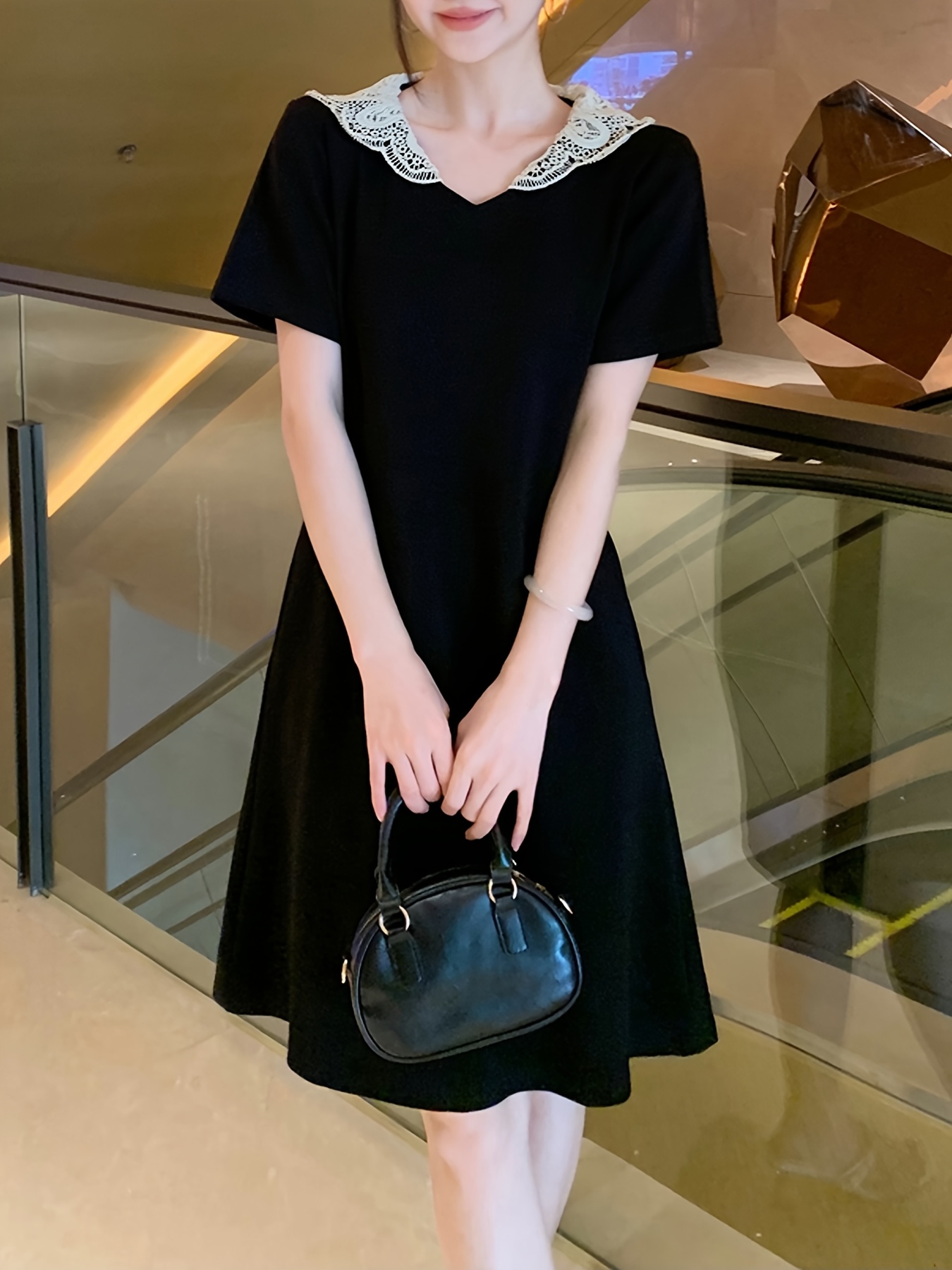 womens summer korean a line dress black short - Temu
