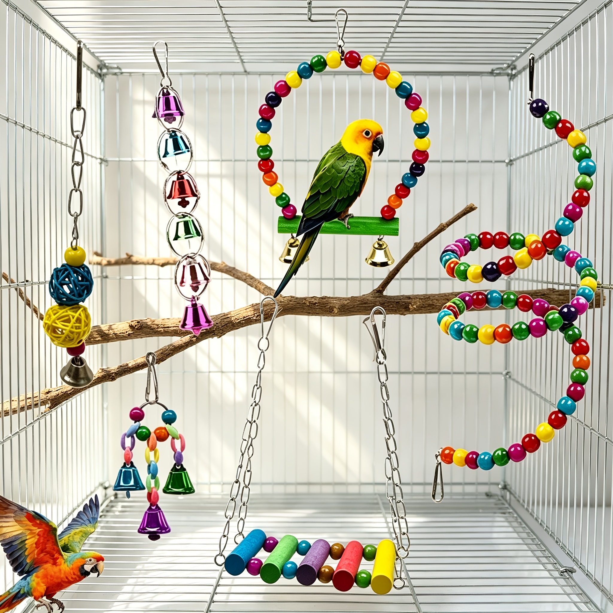 TEMU Small Parrot Activity Toys 6pcs Wooden Ladder Bead Swing Color Bells Rattan Balls Hanging Entertainment Chewing Cage Toys Random Colors