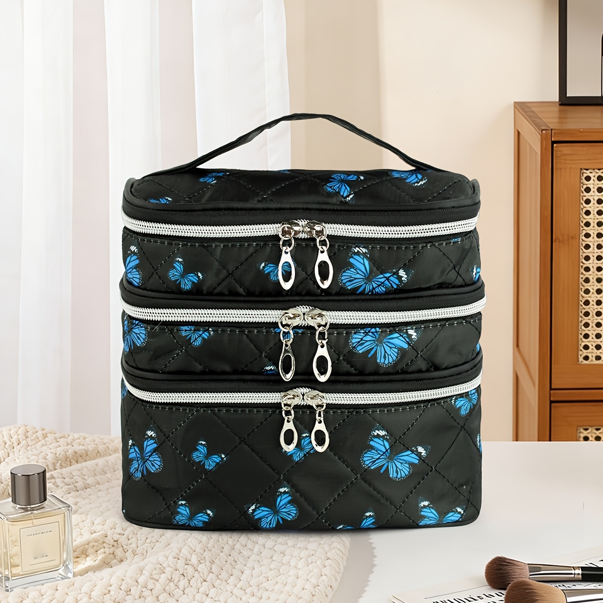 Image of Fashion Seam Makeup Bag, Large Capacity Portable Cosmetic Bag, 2-layer And 3-layer Makeup Bags, Print Organizer, Suitable For Home And Travel Use, Women's Gift