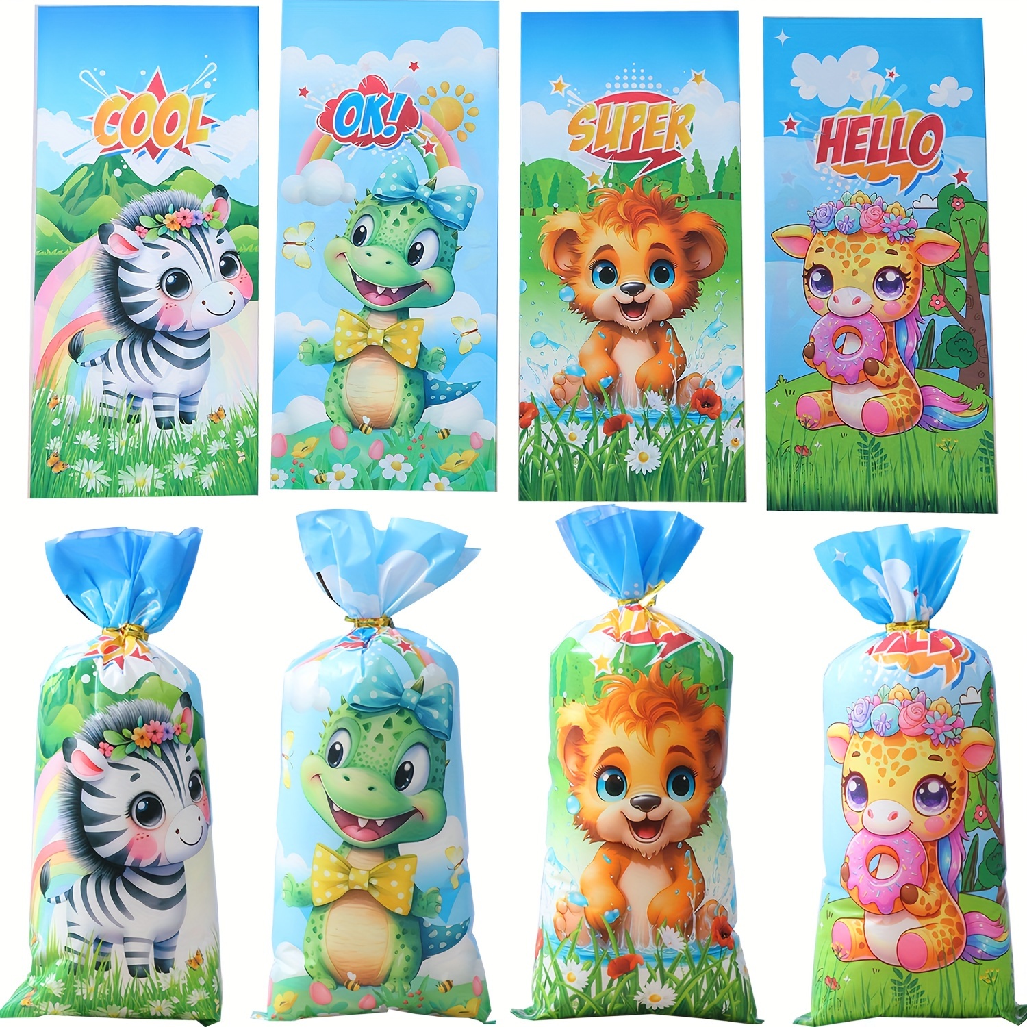 E-shop 50 Stk. Sortierte Tier-Cartoon-Süßigkeitenbeutel - 12.5x27.5cm, Langlebige Plastik-Geschenkverpackung mit Schleifenbändern, mit Giraffe,