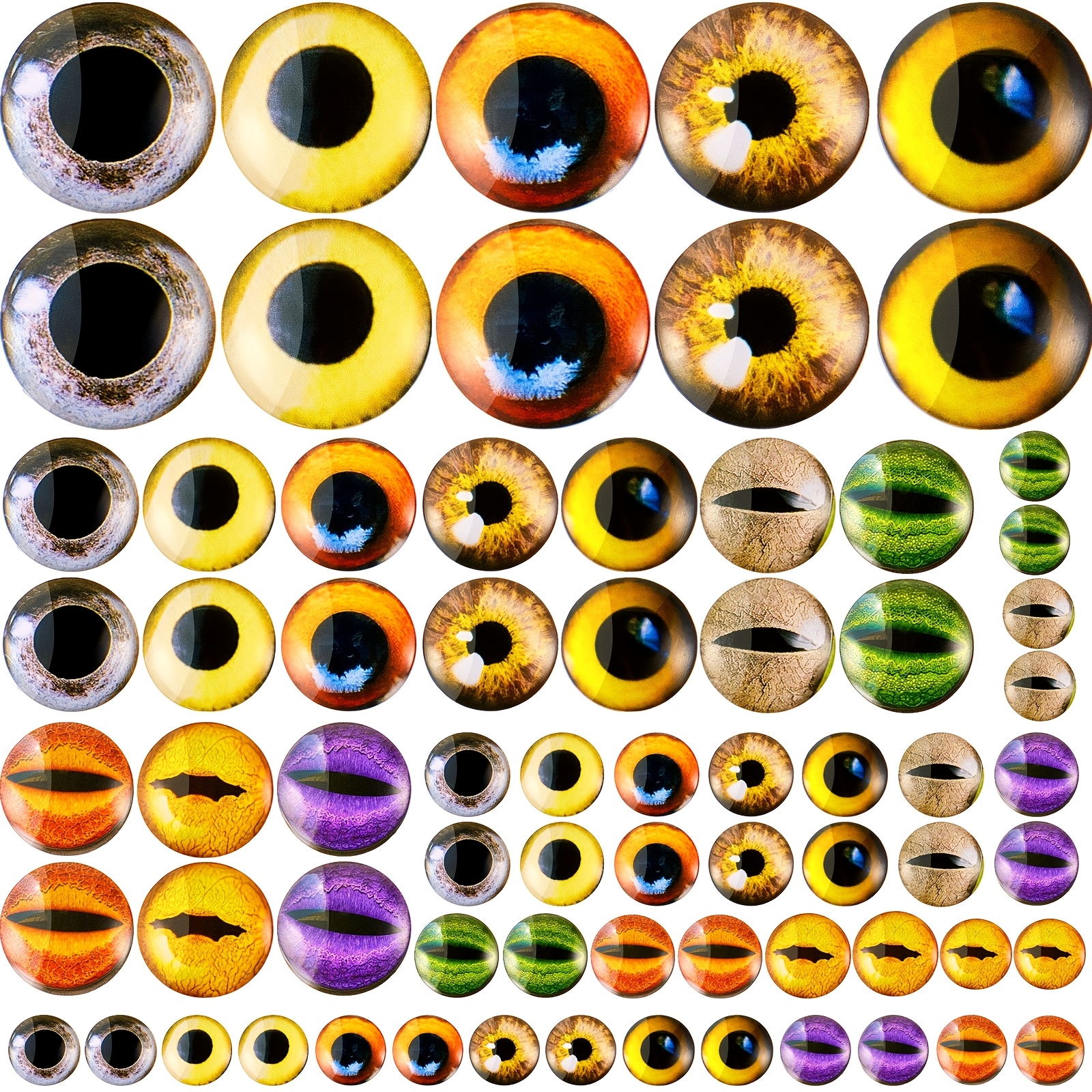 

70pcs 40/25/16/8mm Large Animal Glass Eye Round Cabochon Eyes Half Round Mixed Printed Round Eyes 4 Sizes Mini Animal Eye Cabochons For Props Making ()