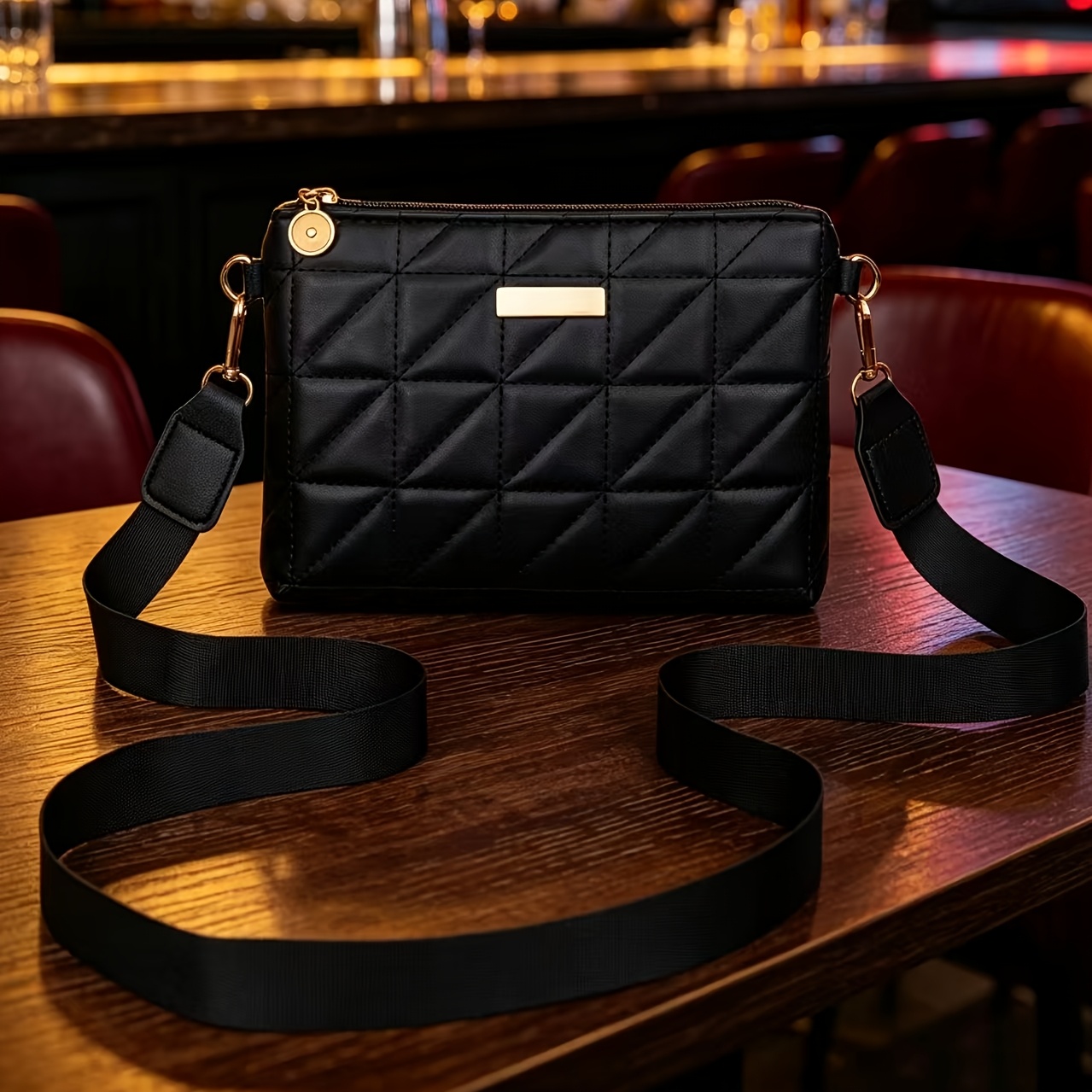 TEMU Women's Crossbody Bag, Fashionable Webbing Shoulder Bag, Zippered Phone Pouch, Women' Purse, Triangular Quilted Design, Perfect For Women,,