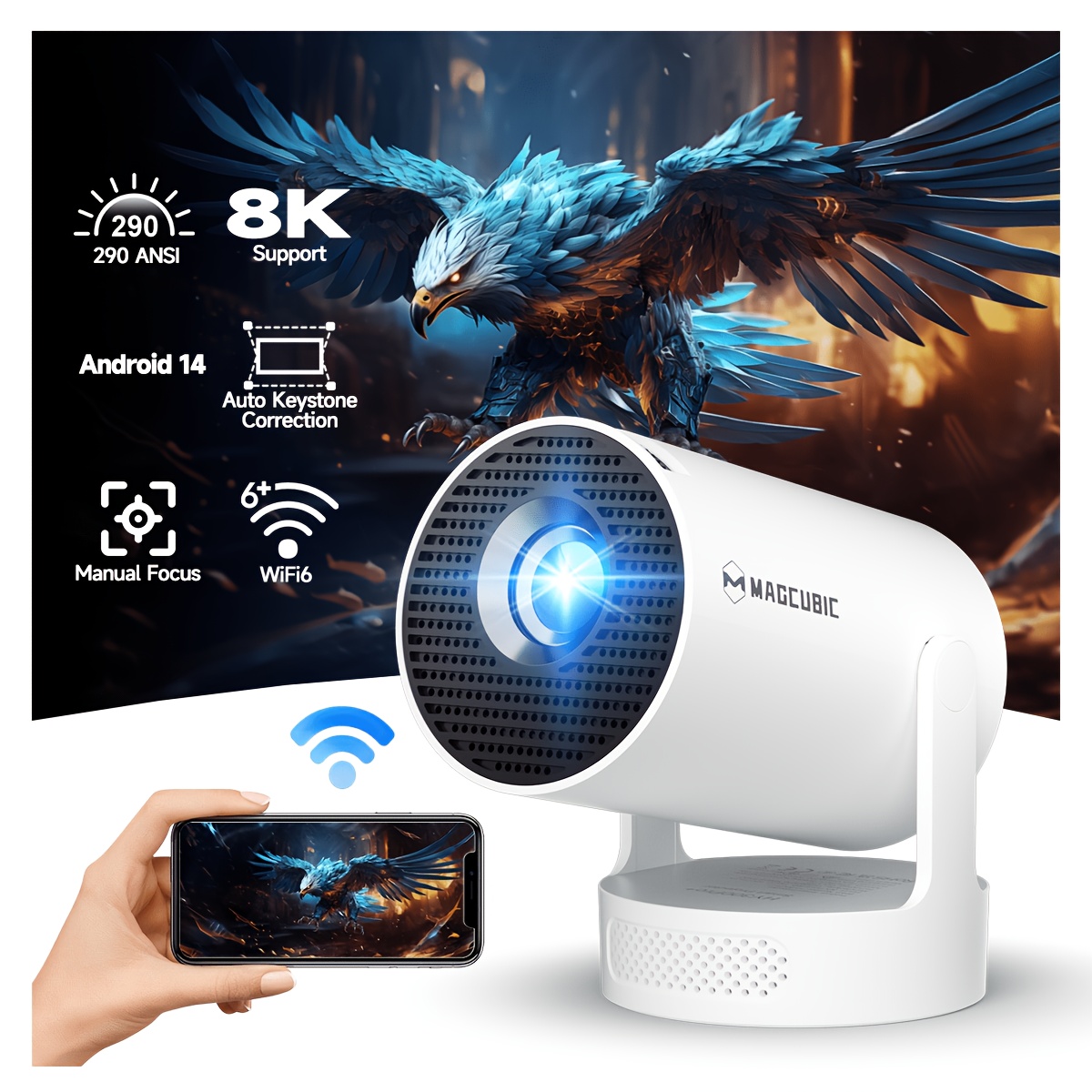 Image of Magcubic Portable Projector, Native 720 Support 8k With Wifi6 Bt5.3 14.0, 180° Rotatable, 290ansi, Auto Keystone Correction, 80inch-130inch Screen Video Projector Mini Portable Projector Movie Home