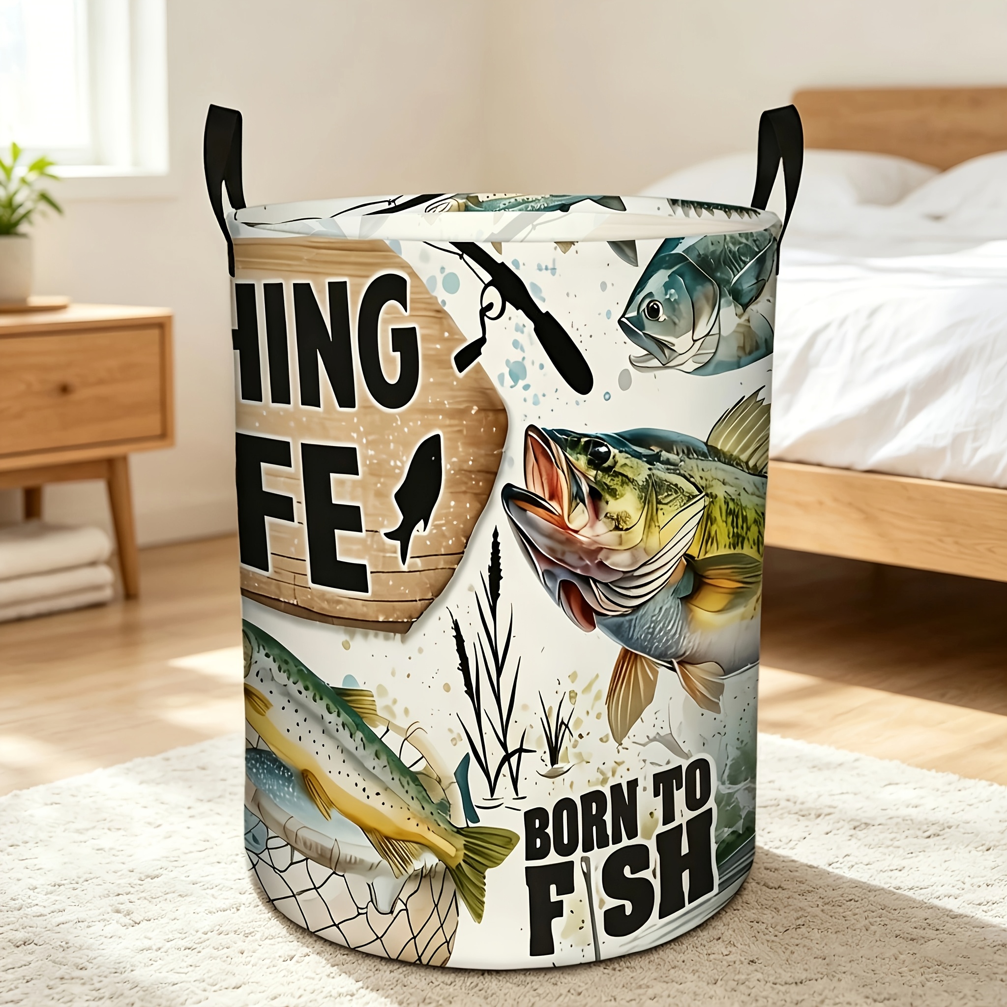 TEMU 1 panier à linge rond sur le thème de la pêche avec motif "" - Panier à linge plat 2D avec impression pour pêcheur air, panier à linge durable