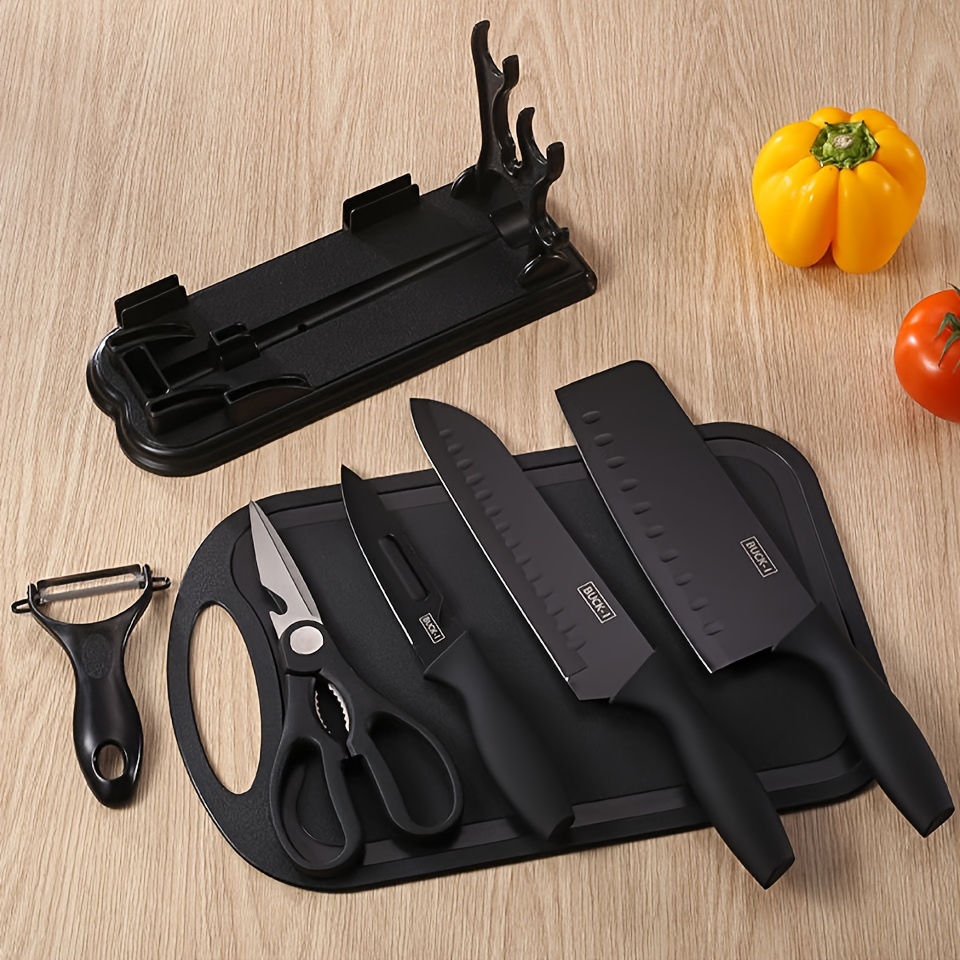 

7-piece Kitchen Knife Set - 5 Black Stainless Steel Knives With Sheaths, Cutting Board, And A Knife Block- Stainless Steel Kitchen Knives With Pp Ergonomic Handle
