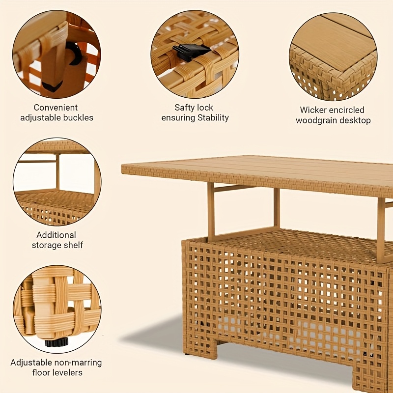 [Outdoor Wicker Table] Extendable Outdoor Wicker Coffee Table Measuring 51.25 Inches in Length And 27 Inches in Width, Featuring a Luxurious Brown Woodgrain End That Offers a Natural Feel And Outstanding Durability