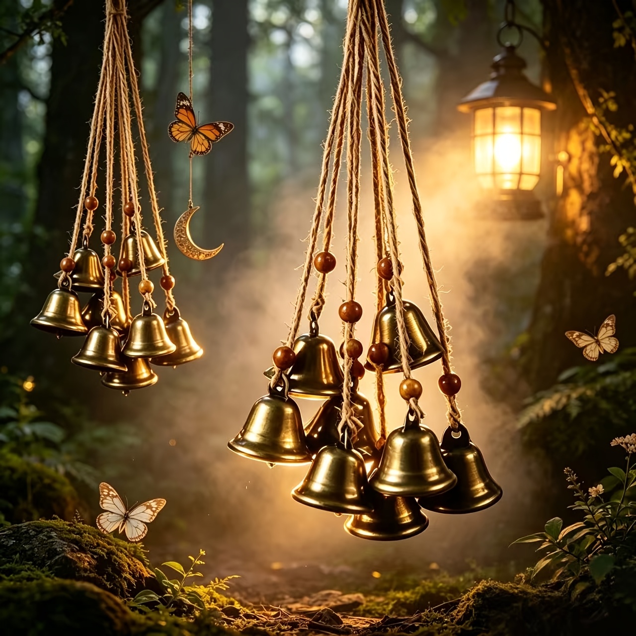 hexenglocken an juteseil, handgefertigter wicca-türknaufschutz mit 8 braunen kaffeepärlen 8 glocken, magisches windspiel für veranda, garten, außenbereich, halloween-hängedeko
