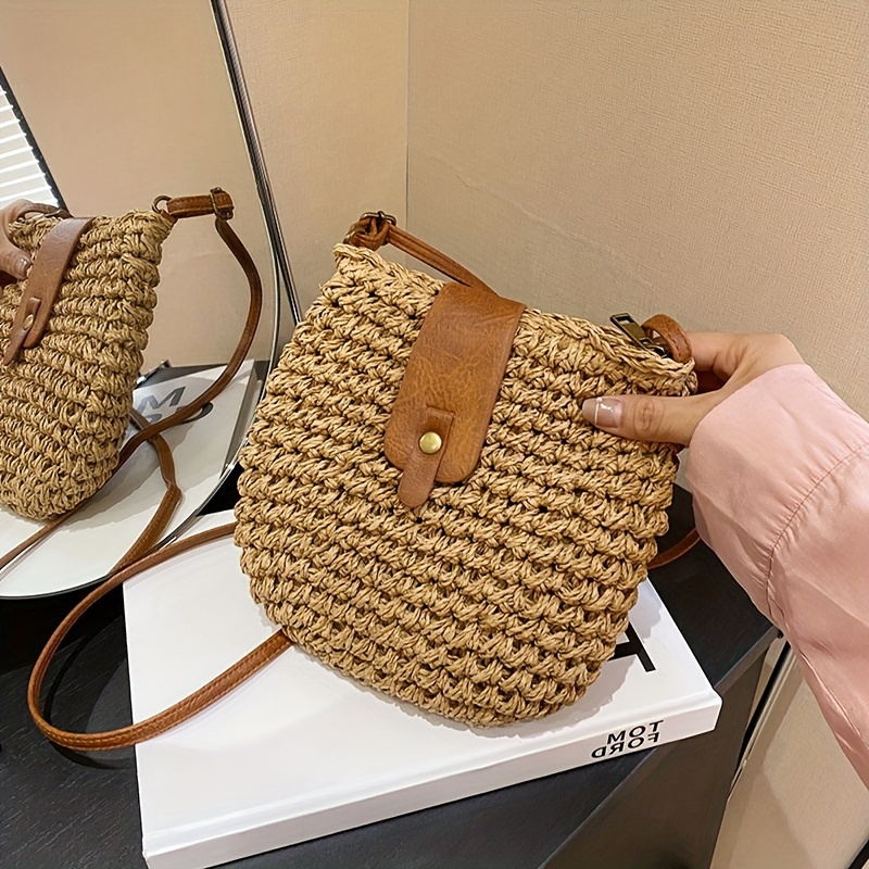 TEMU New Straw Bag, Summer Solid Color Braided Bucket Bag, Beach Vacation Shoulder Bag, Simple Fashionable Crossbody Bag