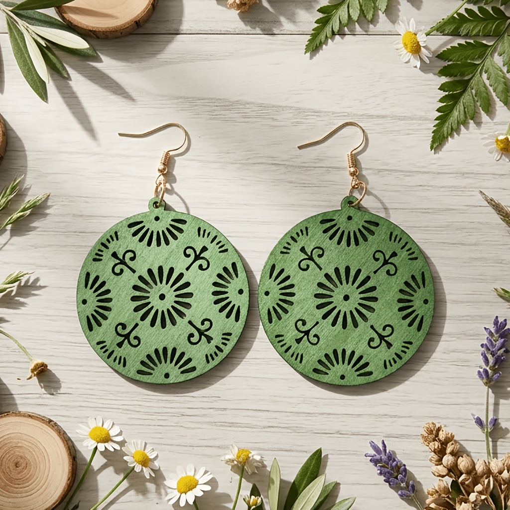 4-Pair Vintage Round Mandala Wooden Drop Earrings Set