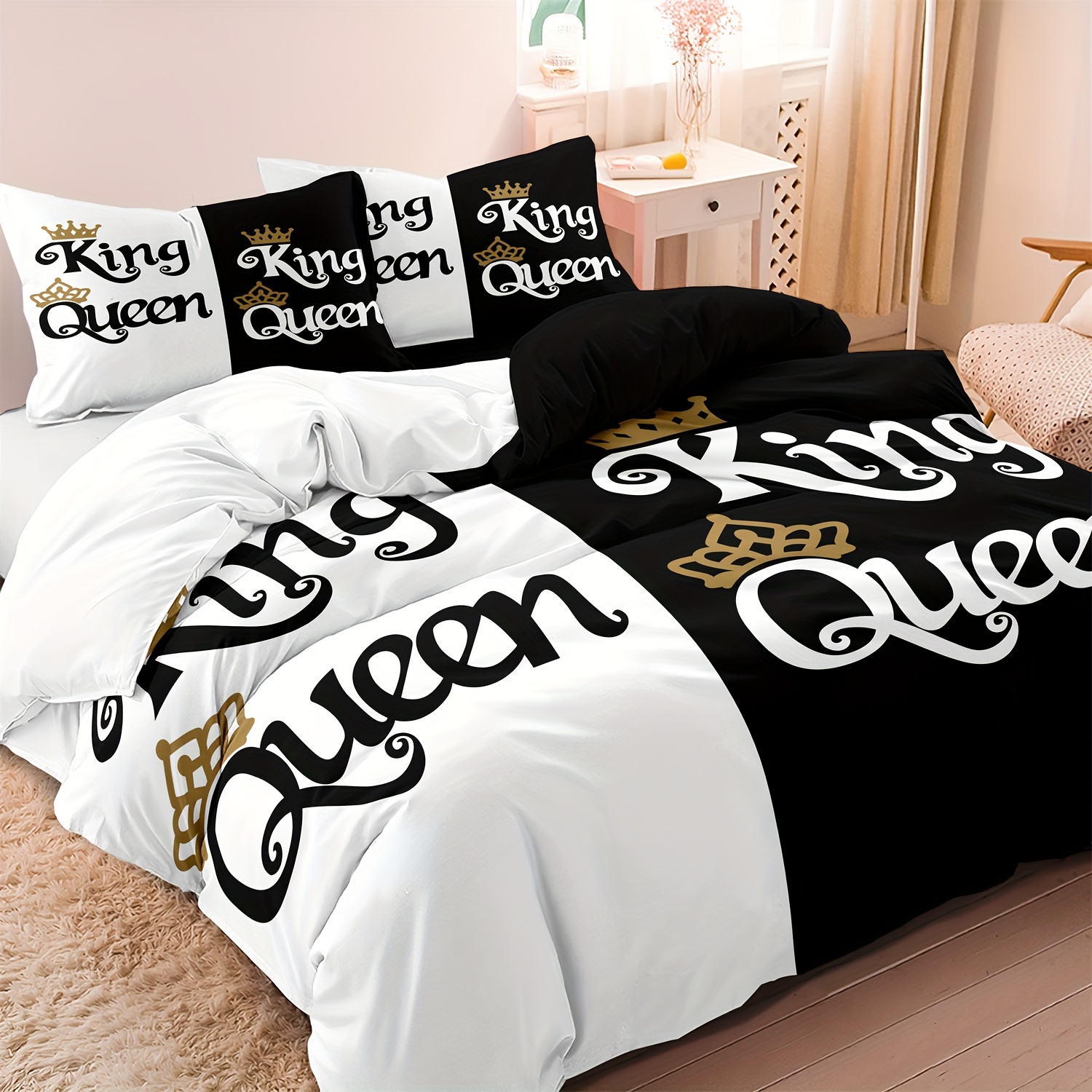 black and white bedding set with queen king letter pattern printed on the duvet cover and pillowcases Product details 0