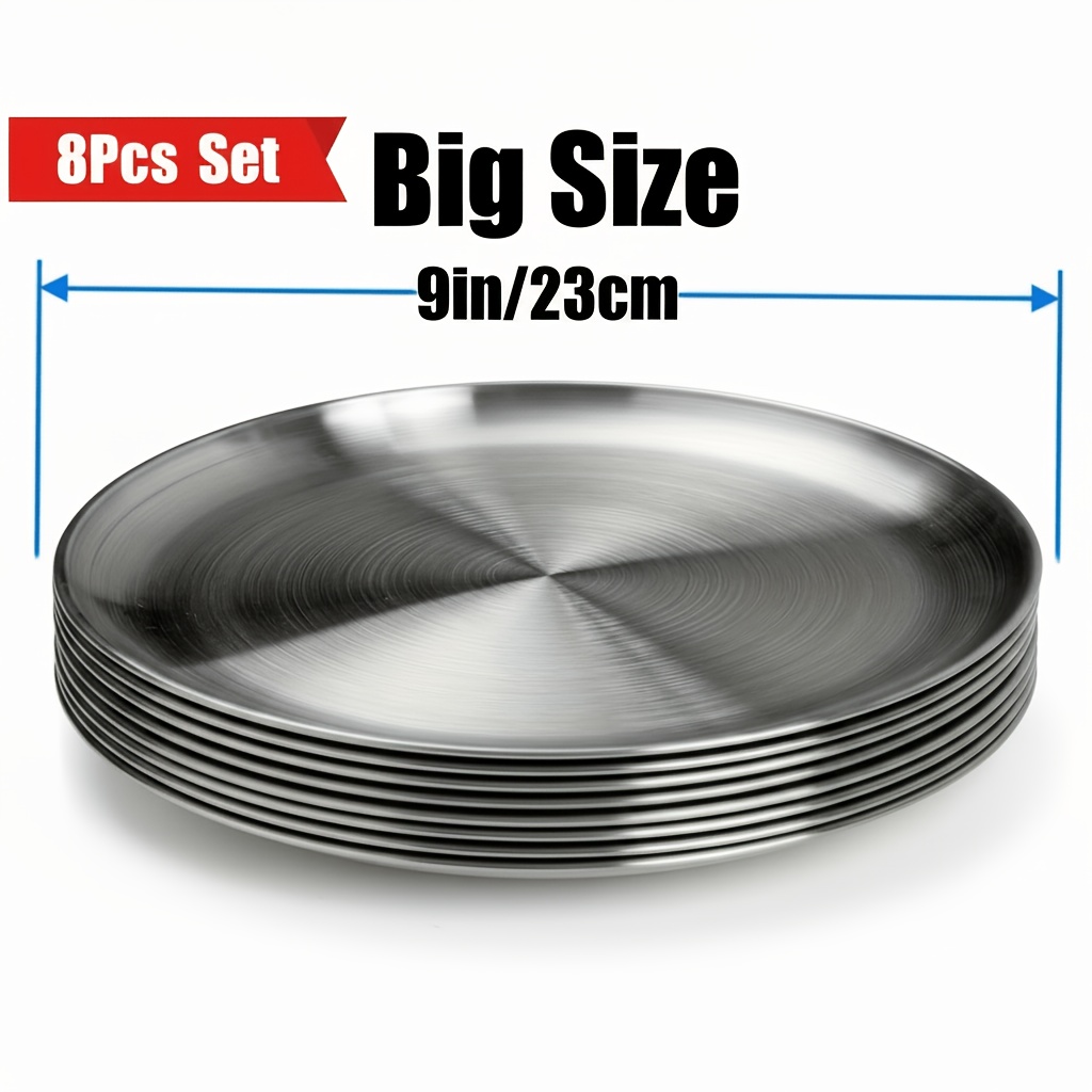 TEMU 8pcs 304 Stainless Steel Dinner Plates, Sturdy And Durable, Suitable For Dishwasher Cleaning, Ideal For Household And Outdoor Use