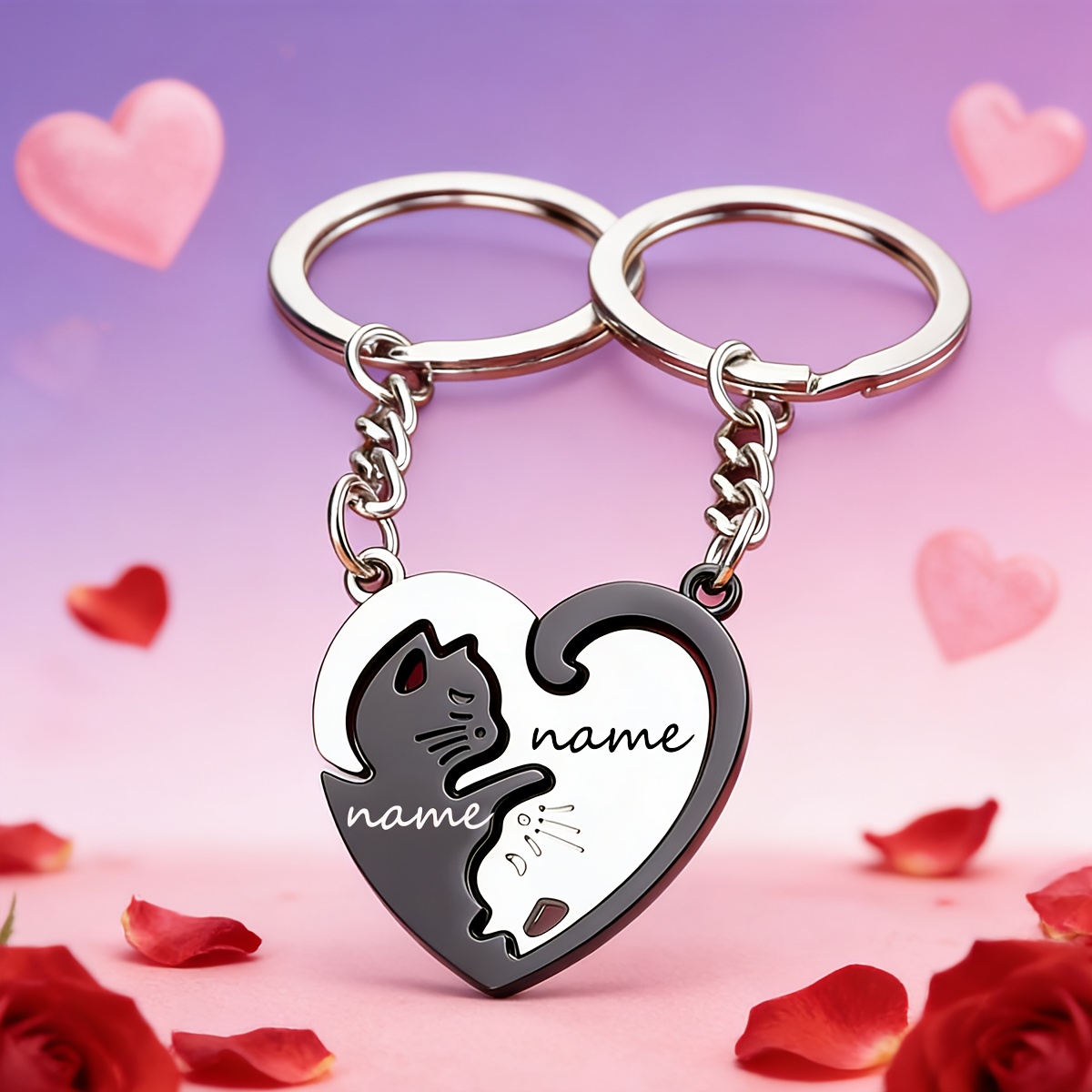 TEMU A Pair Of Engraved Custom Heart-shaped Puzzle Couple Keychains, And Cute Cat Design, Innovative Couple Keychains, Custom Names, Suitable For