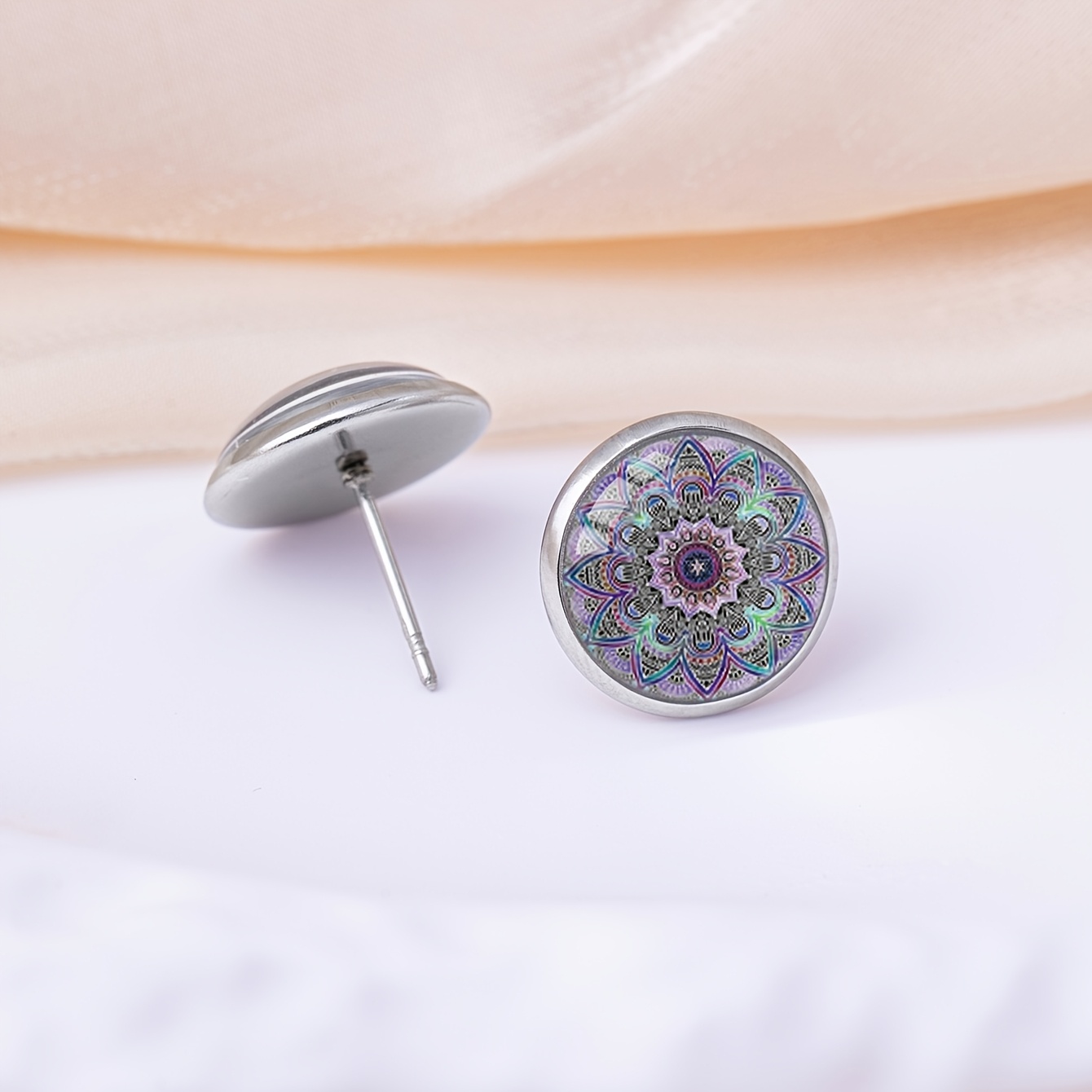 Purple Blue Mandala Pattern Stud Earrings, Women's Gift