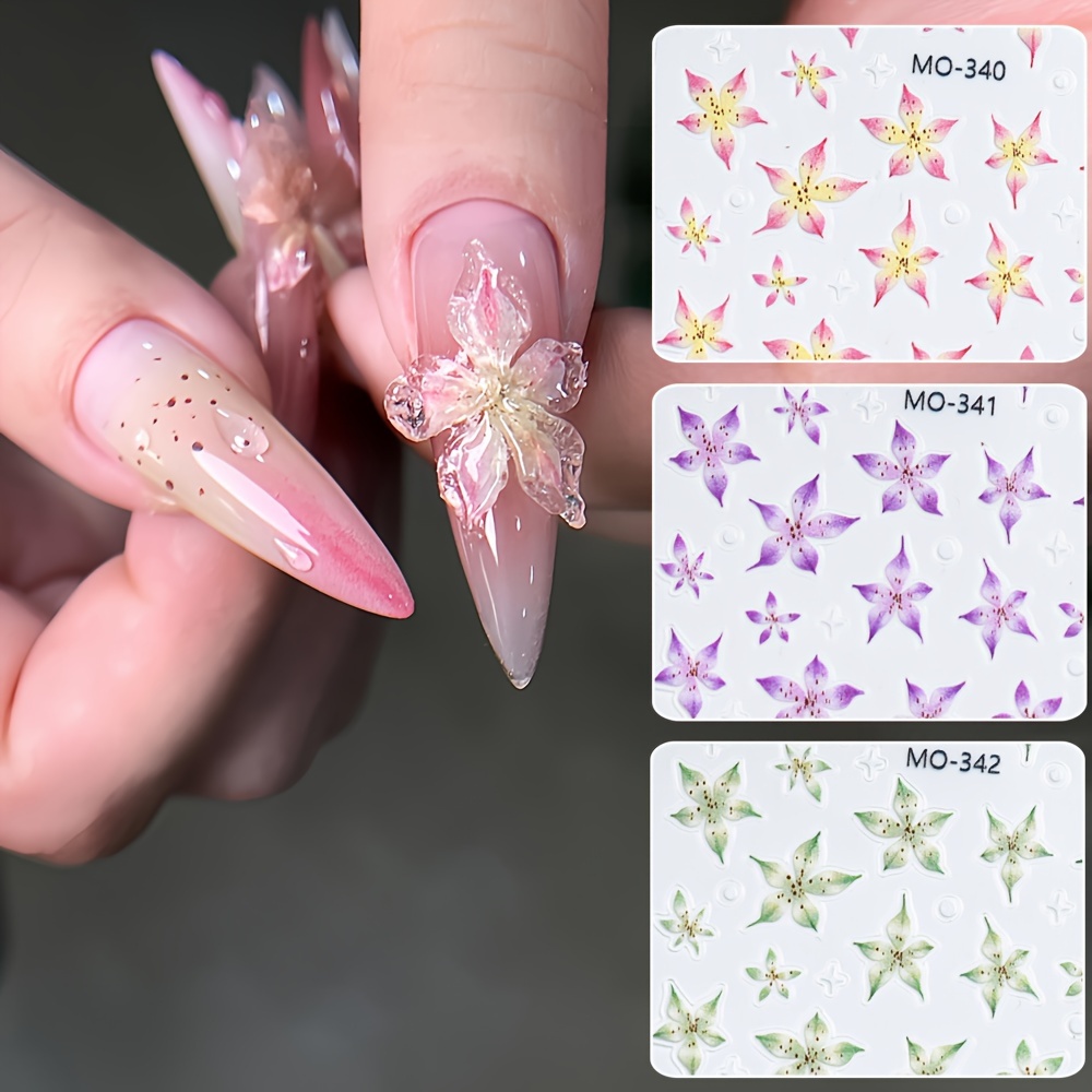 

Colorful Floral Nail Art Stickers - Self-adhesive Five-petal Flower Decals, Matte Finish, Sparkle Accents For Diy Manicure, No Scent, Single Use - Perfect For Hands & Feet Care