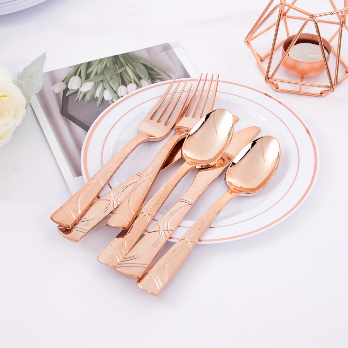 300 Pcs Rose Gold Plastic Silverware, Rose Gold Plastic Cutlery Set ...