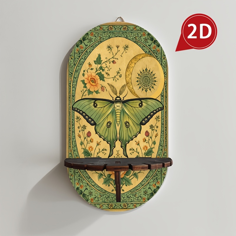 TEMU Wood Wall-mounted Retro European Pastoral Shelf & Candle Holder - Green Phase Decor With Lunar Phases, Suitable For Halloween Autumn Home