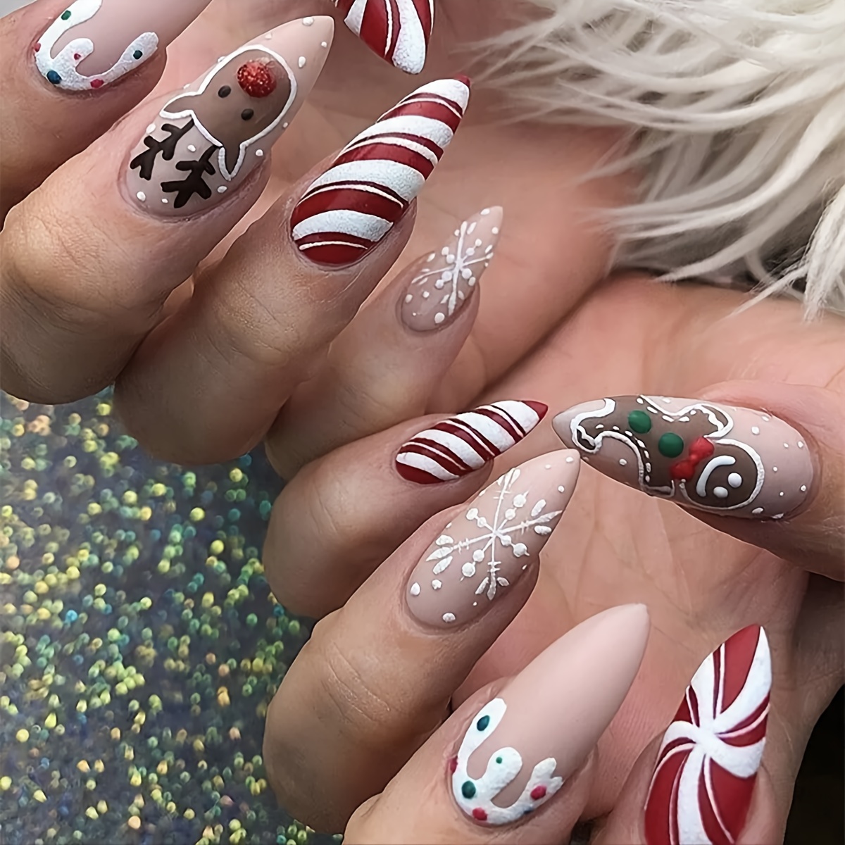 Image of 24pcs Christmas Gingerbread For Man Pattern Press-on Nails, Reusable Christmas -on Nails, Includes Jelly Glue And Nail File