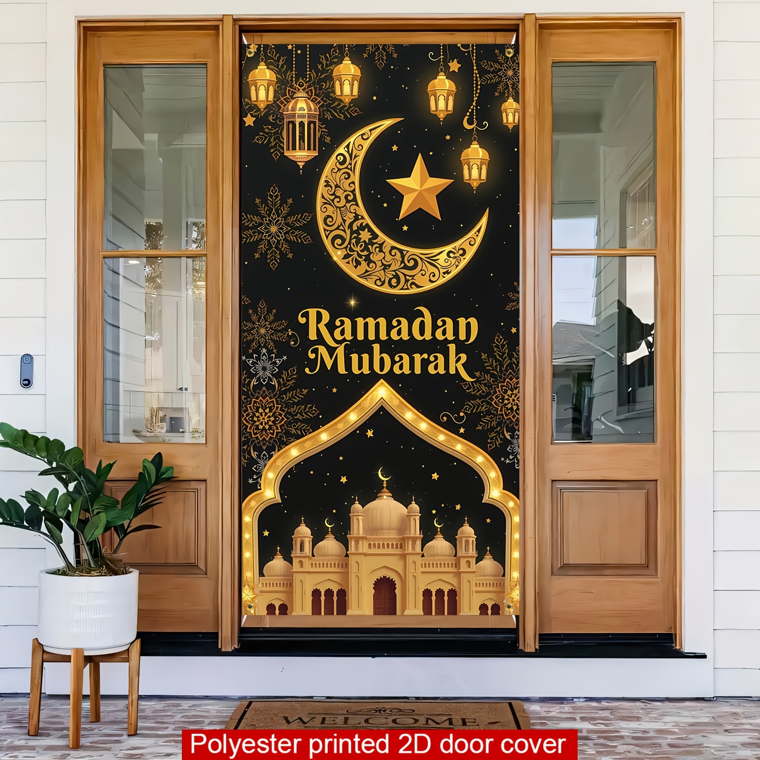 

2d Door Banner, 1pc Ramadan Mubarak 2d Door Banner - Elegant Celebration Decor With Lantern & Moon Design, Polyester, 70.8x35.4 Inches, Ideal For Home & Kitchen, Indoor/outdoor Use, Home Decor