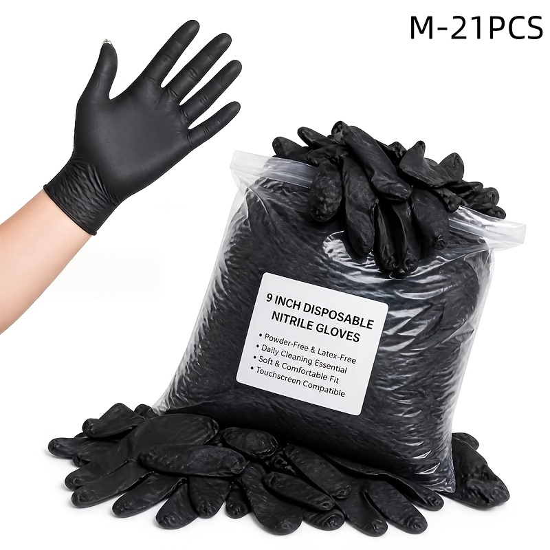 TEMU Gants jetables en nitrile noirs, à poignet standard de 9 pouces, emballés dans des sacs transparents, doux et confortables, poudre et . Convient