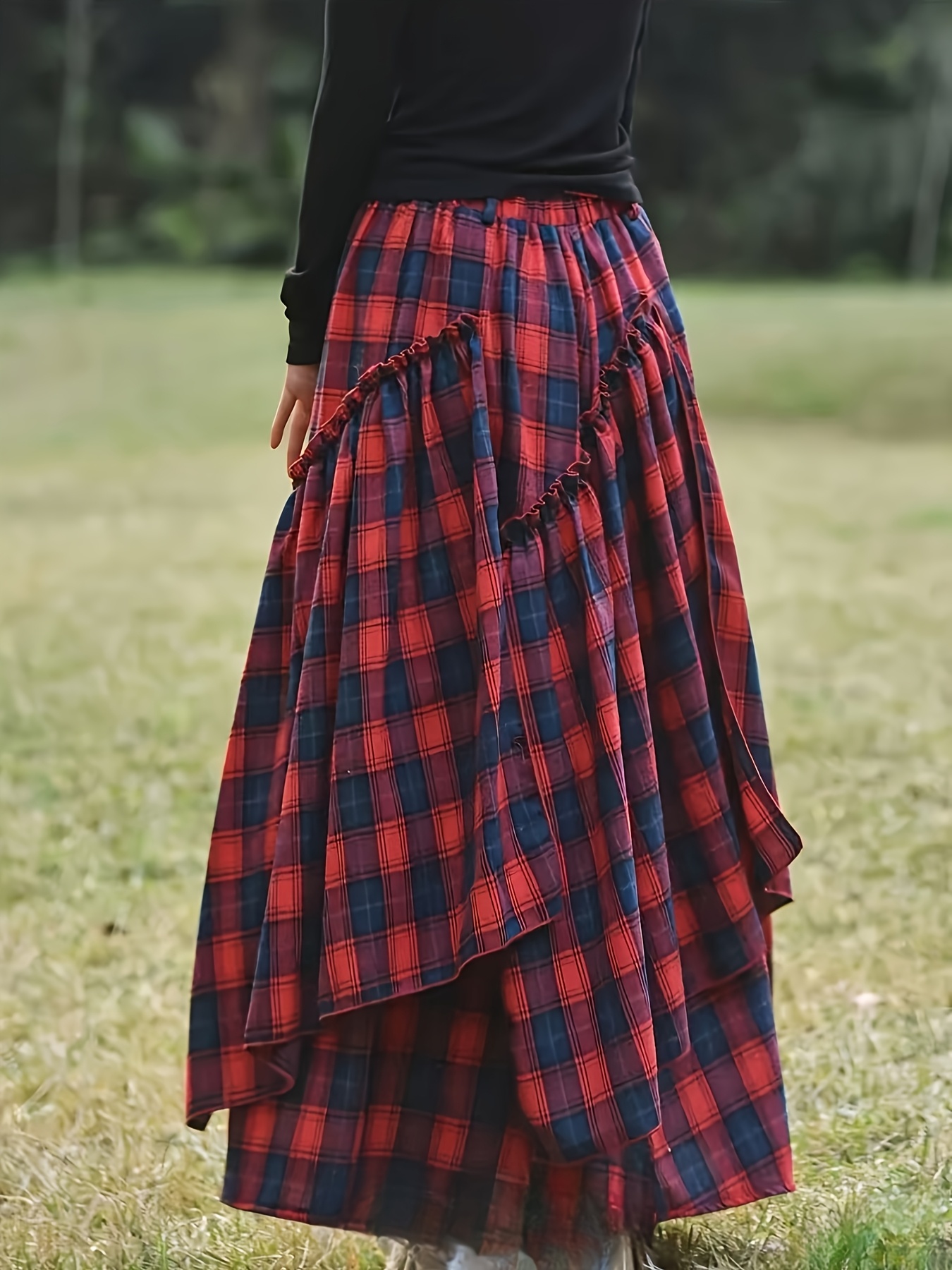 vintage inspired red black maxi skirt asymmetrical hem Temu